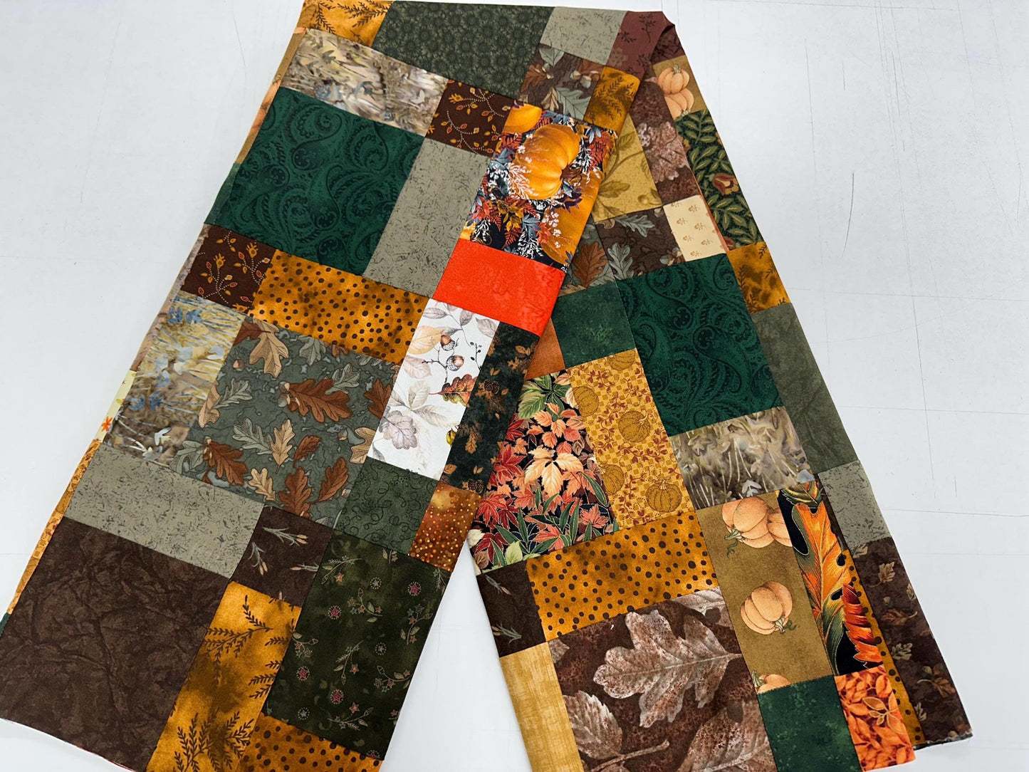 Unfinished Fall Leaves & Pumpkins Lap Quilt Top - Rustic Handmade Patchwork Ready to Finish 45x58