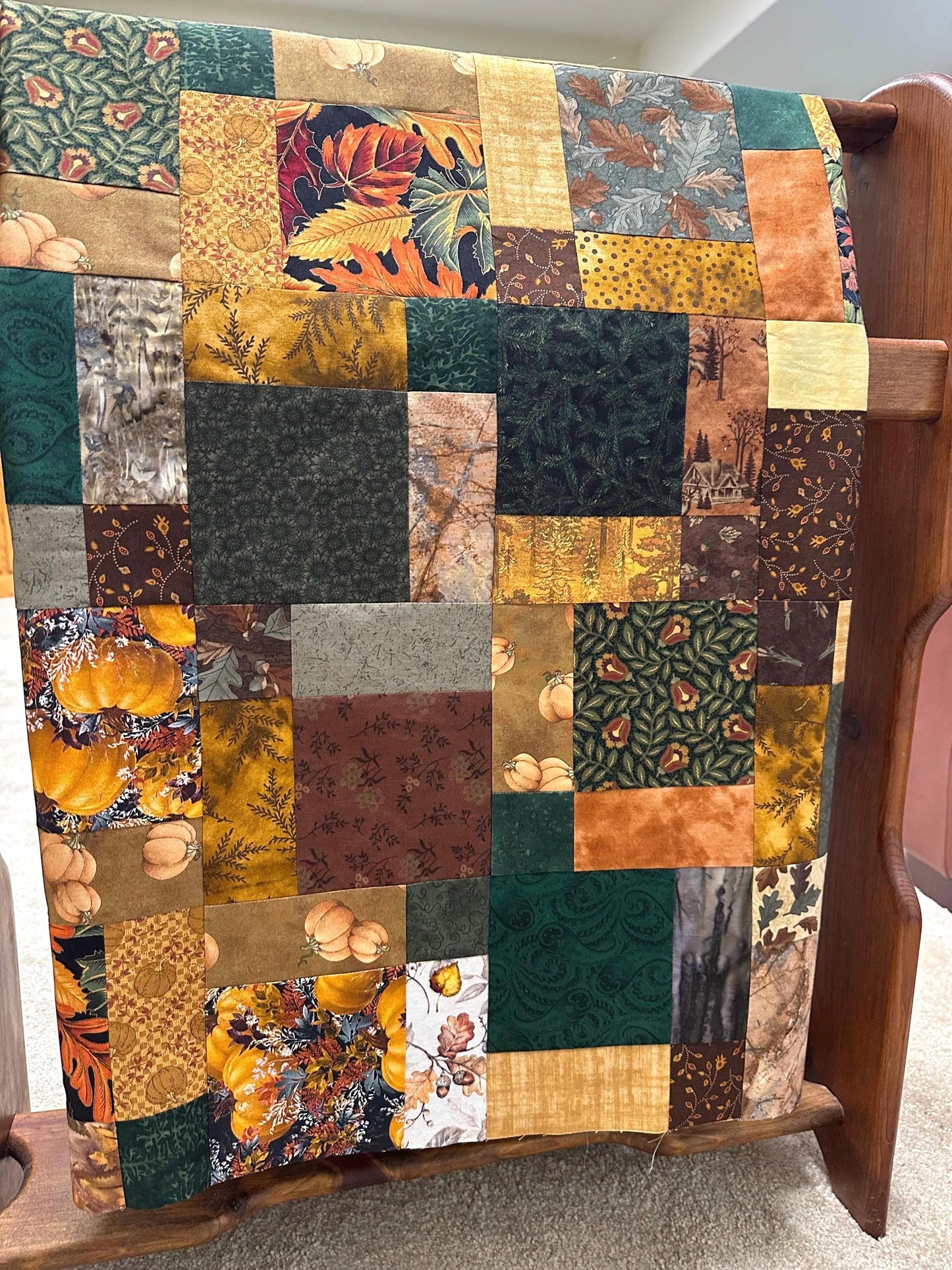 Unfinished Fall Leaves & Pumpkins Lap Quilt Top - Rustic Handmade Patchwork Ready to Finish 45x58