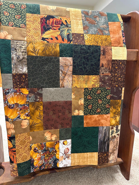 Unfinished Fall Leaves & Pumpkins Lap Quilt Top - Rustic Handmade Patchwork Ready to Finish 45x58