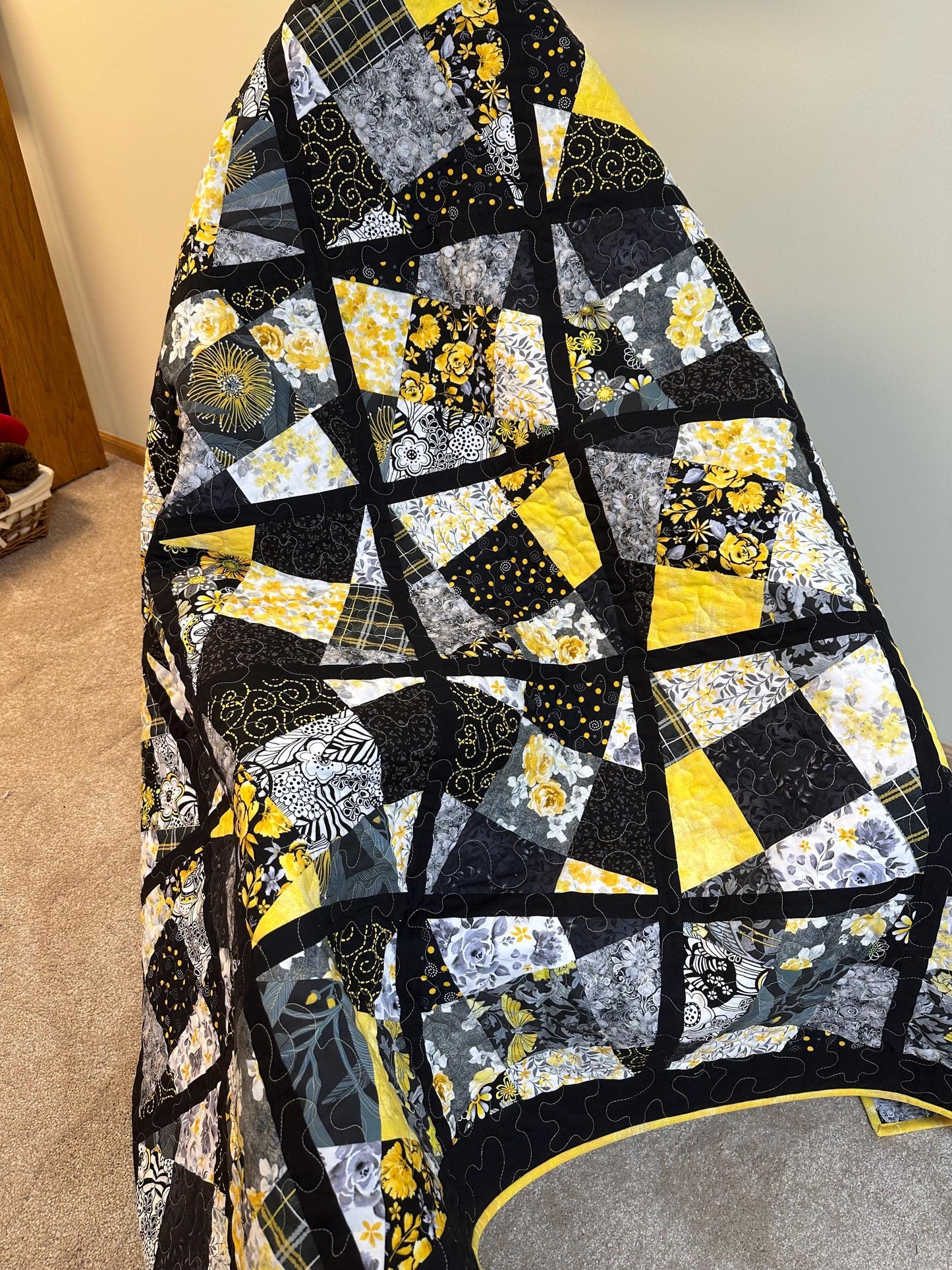 Handmade Patchwork Quilt: Black Yellow Cotton Floral Couch Throw, Coverlet (65" x 75")