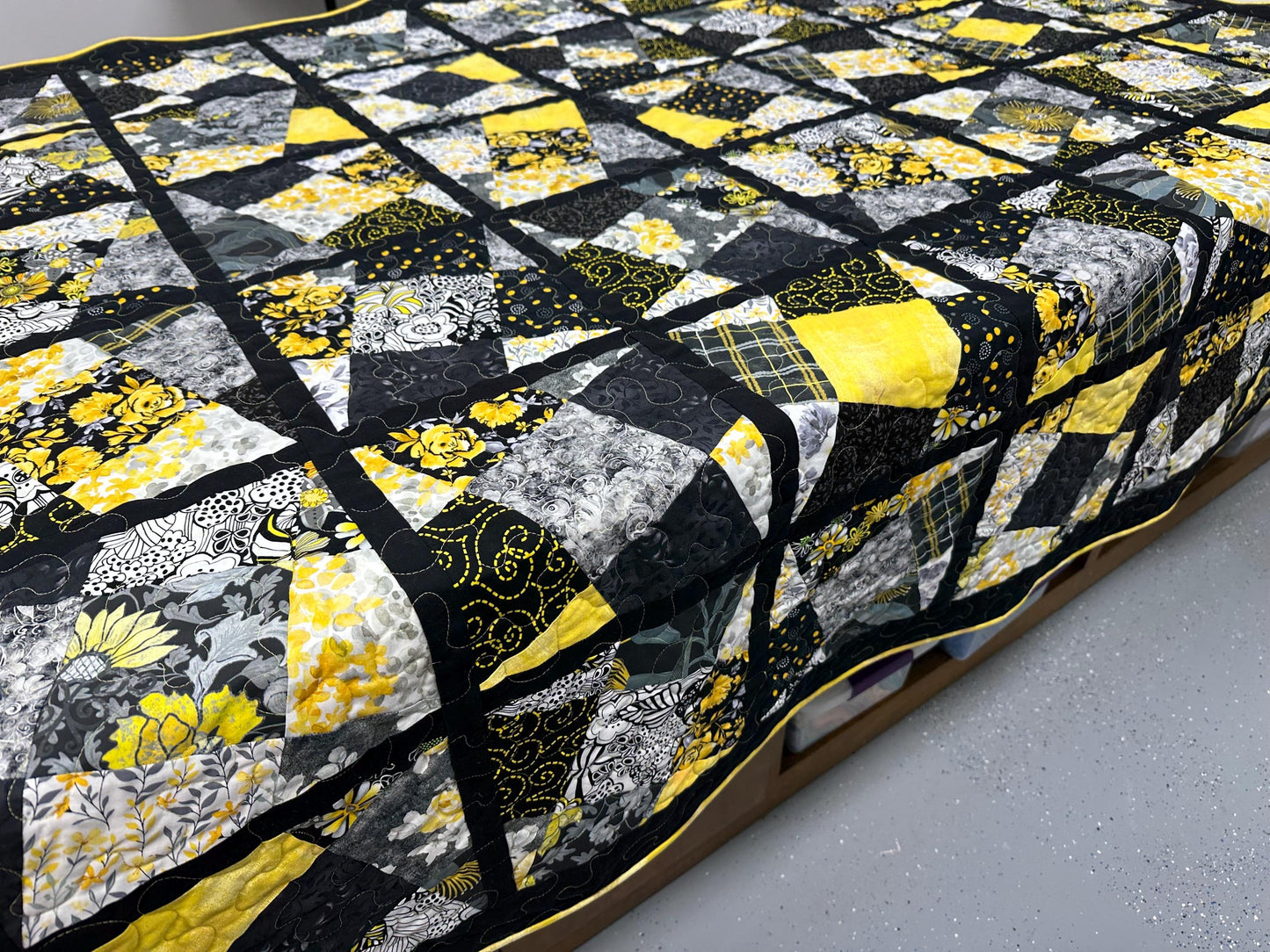 Handmade Patchwork Quilt: Black Yellow Cotton Floral Couch Throw, Coverlet (65" x 75")