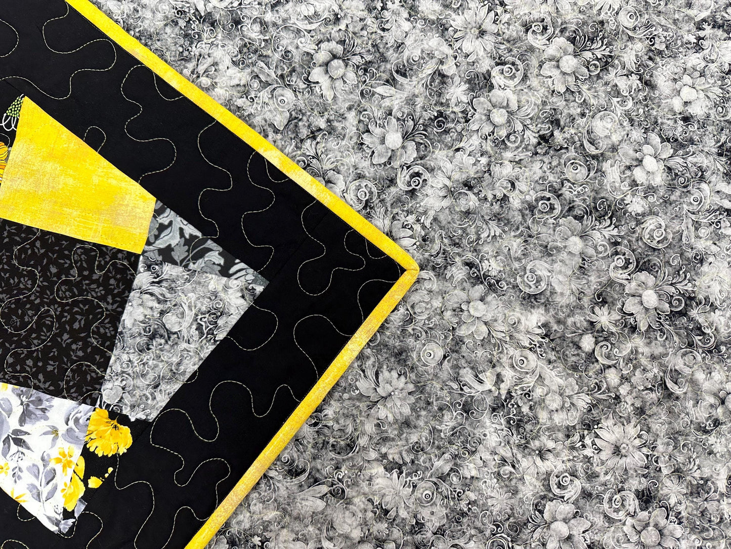 Handmade Patchwork Quilt: Black Yellow Cotton Floral Couch Throw, Coverlet (65" x 75")