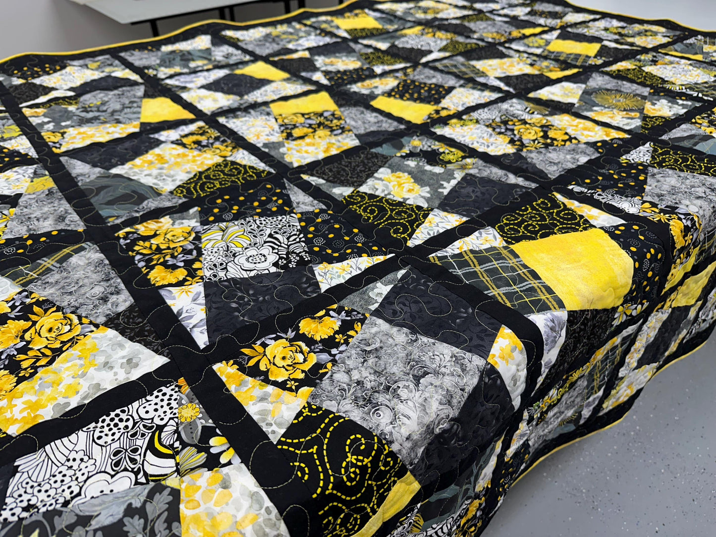 Handmade Patchwork Quilt: Black Yellow Cotton Floral Couch Throw, Coverlet (65" x 75")