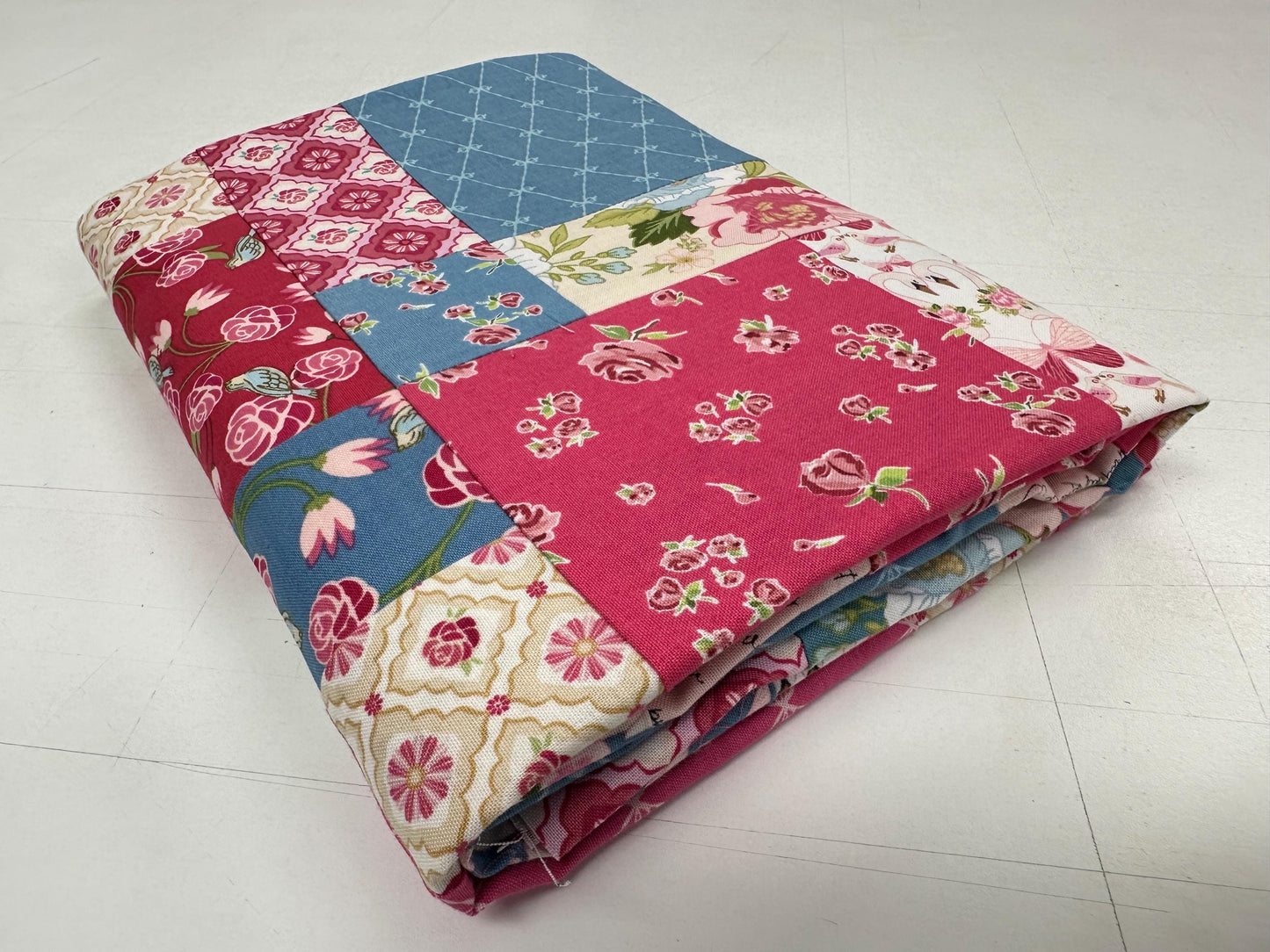 Handmade Pink and Blue Floral Unfinished Quilt Top: Lap Quilt (45" x 58")
