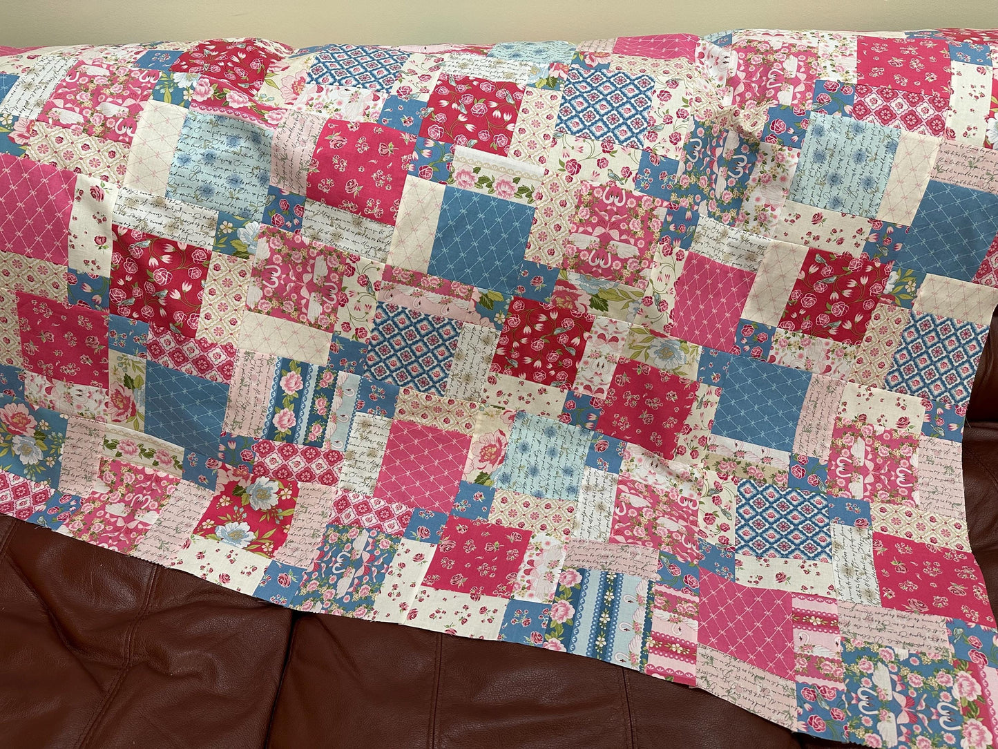 Handmade Pink and Blue Floral Unfinished Quilt Top: Lap Quilt (45" x 58")