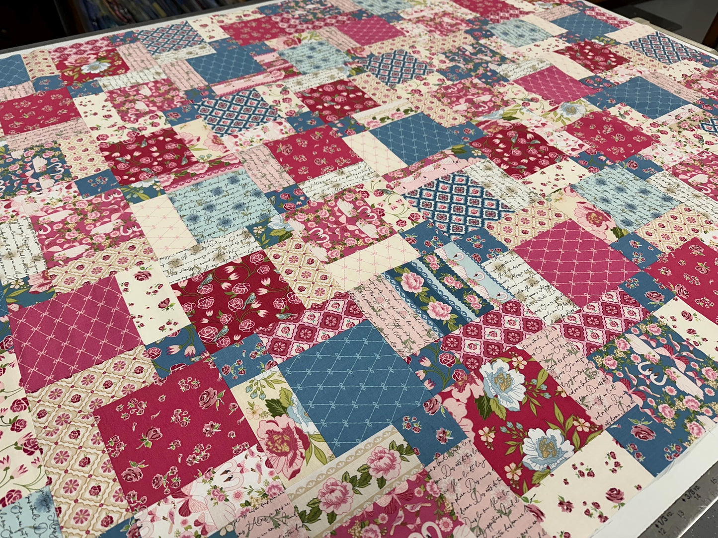 Handmade Pink and Blue Floral Unfinished Quilt Top: Lap Quilt (45" x 58")