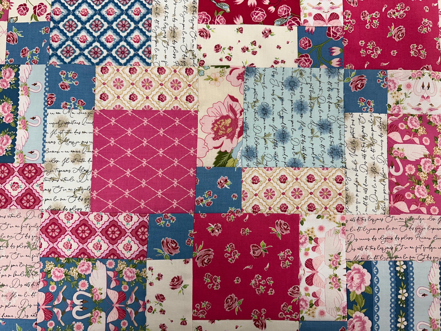 Handmade Pink and Blue Floral Unfinished Quilt Top: Lap Quilt (45" x 58")