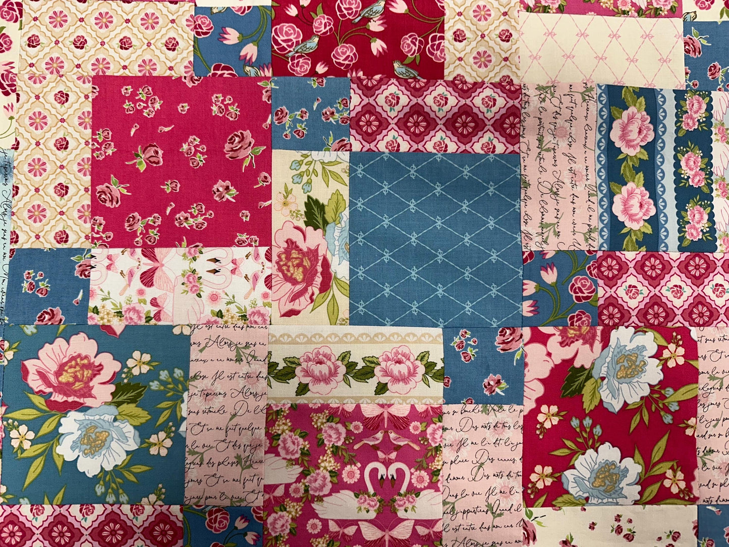 Handmade Pink and Blue Floral Unfinished Quilt Top: Lap Quilt (45" x 58")