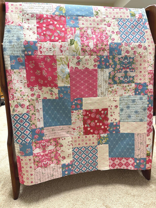 Handmade Pink and Blue Floral Unfinished Quilt Top: Lap Quilt (45" x 58")