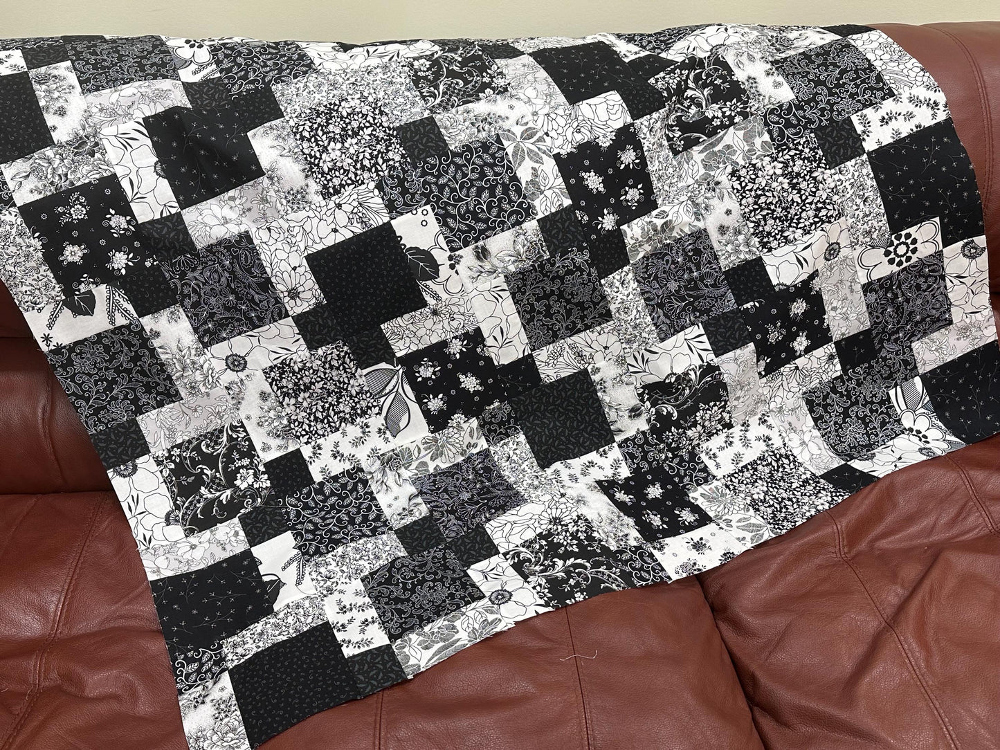 Handmade Black and White Floral Quilt Top: Lap Quilt (45" x 58")