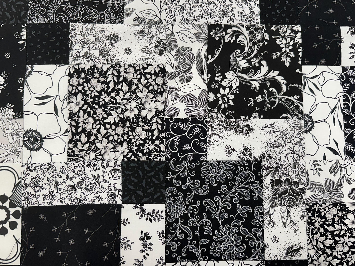 Handmade Black and White Floral Quilt Top: Lap Quilt (45" x 58")