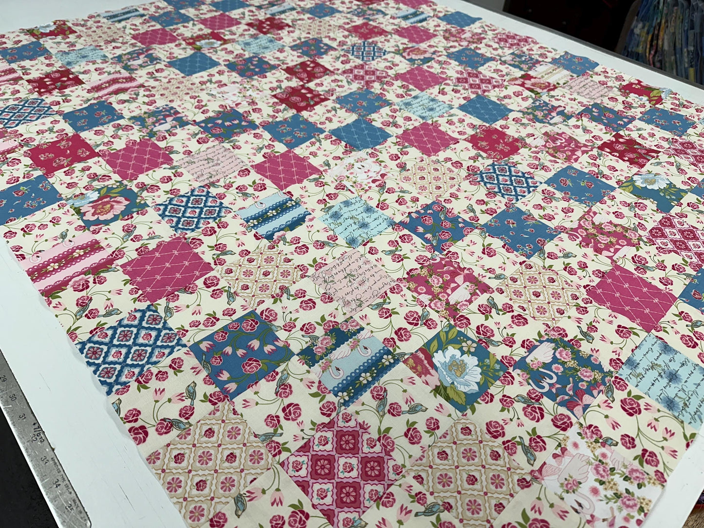 Handmade Pink and Blue Floral Unfinished Quilt Top: Lap Quilt (42" x 51")