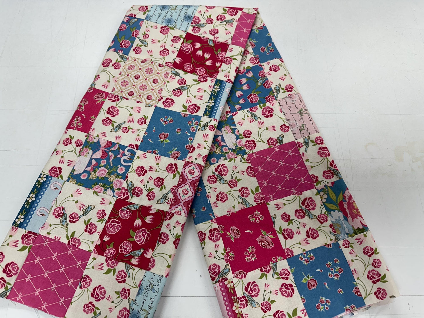 Handmade Pink and Blue Floral Unfinished Quilt Top: Lap Quilt (42" x 51")