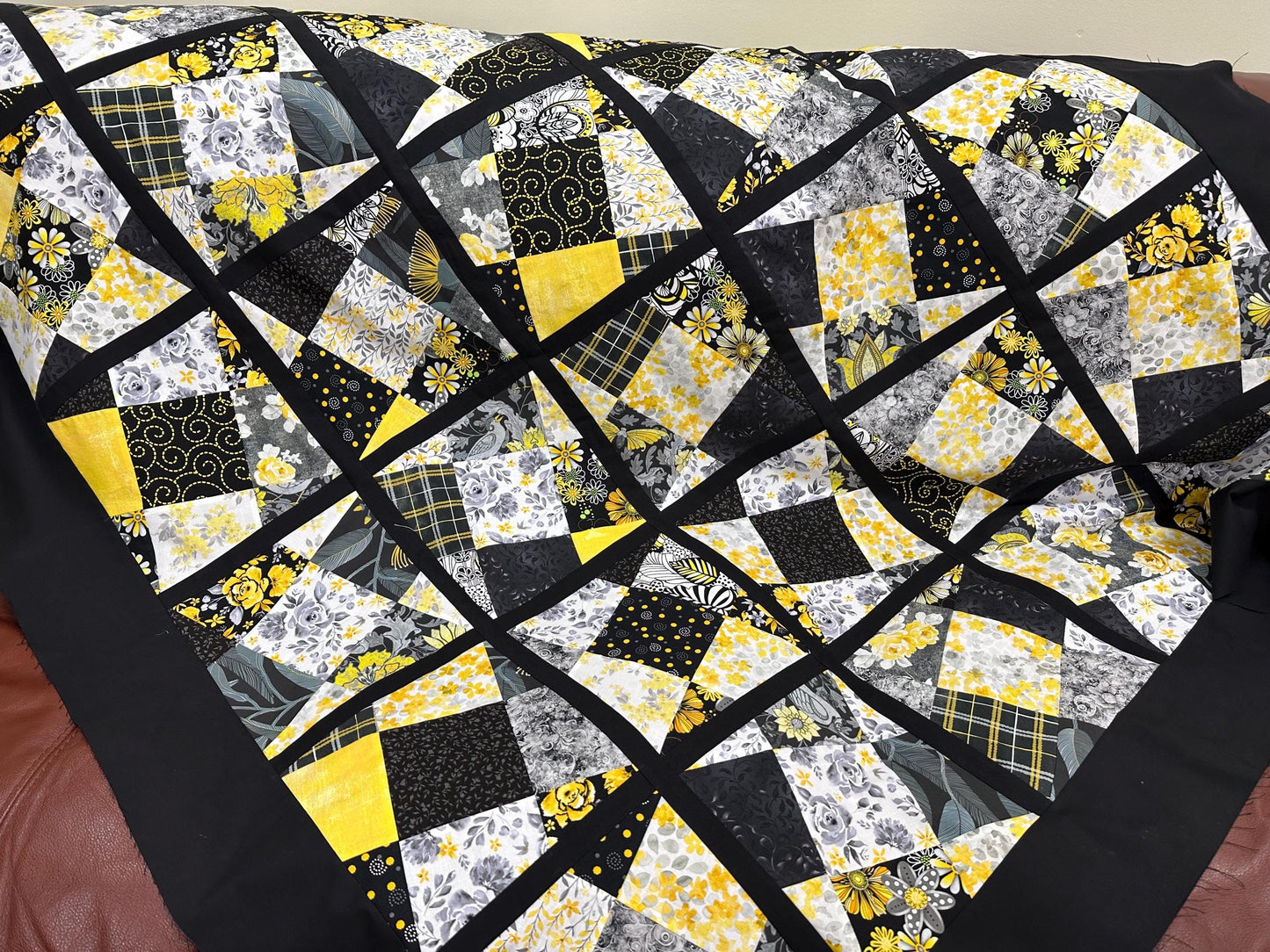 Handmade Black Yellow Gray White Floral Quilt Top: Lap Quilt (58" x 78")
