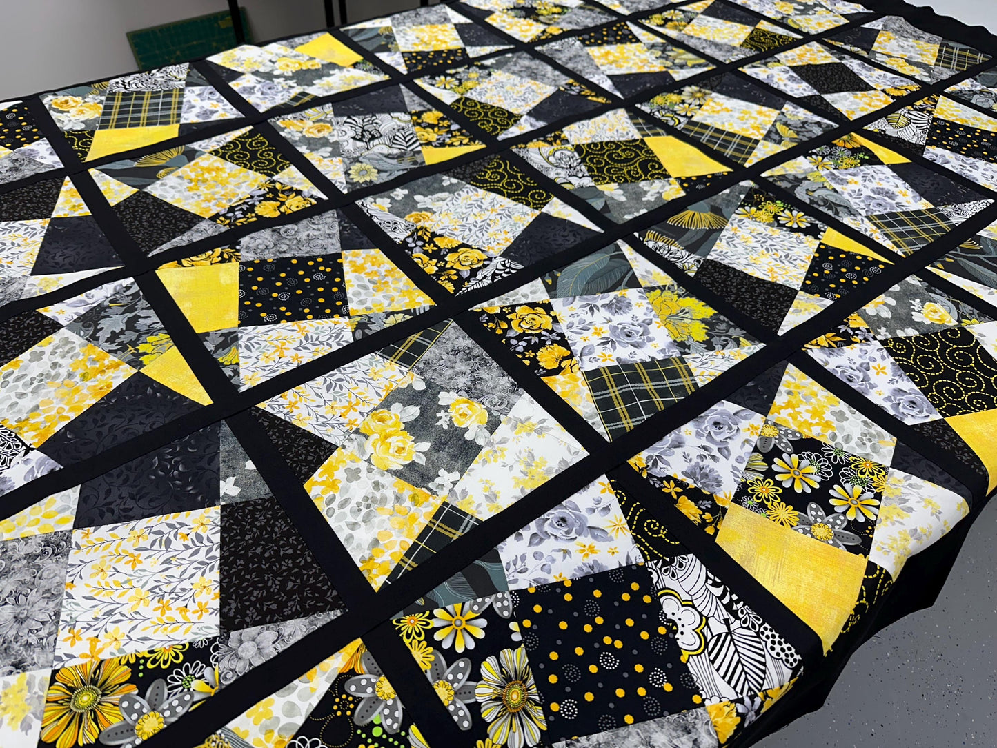 Handmade Black Yellow Gray White Floral Quilt Top: Lap Quilt (58" x 78")
