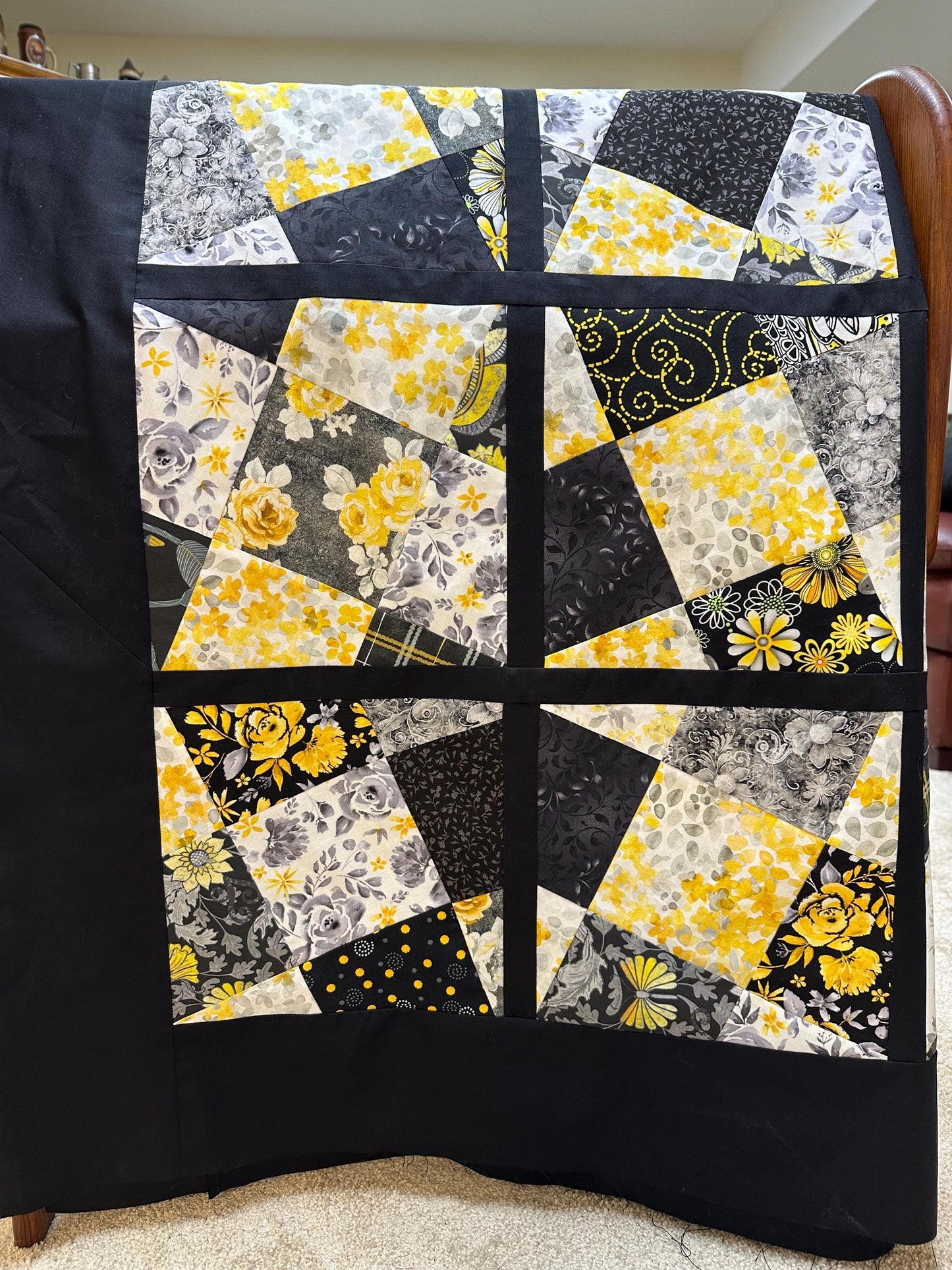 Handmade Black Yellow Gray White Floral Quilt Top: Lap Quilt (58" x 78")