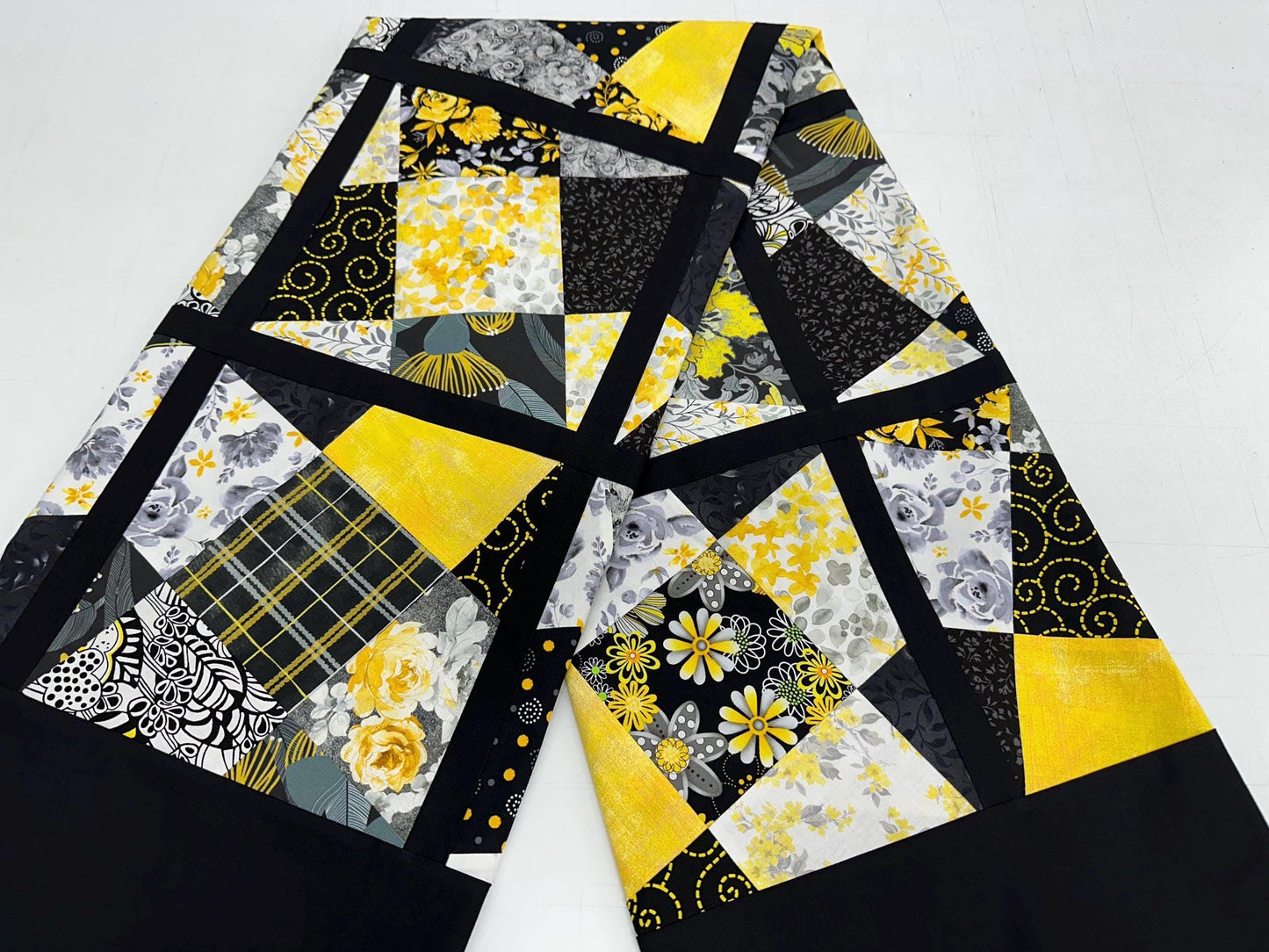 Handmade Black Yellow Gray White Floral Quilt Top: Lap Quilt (58" x 78")