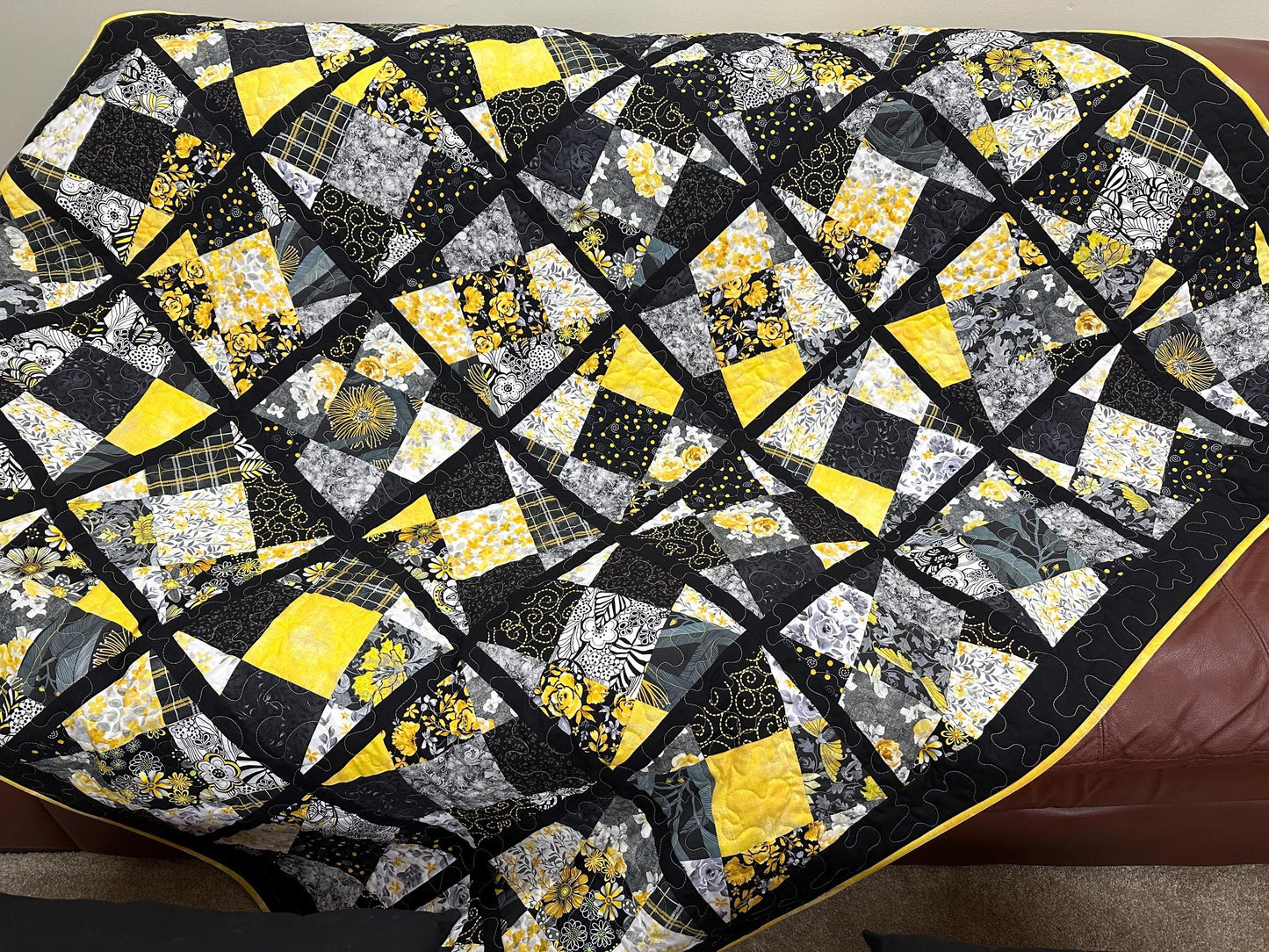 Handmade Patchwork Quilt: Black Yellow Cotton Floral Couch Throw, Coverlet (65" x 75")