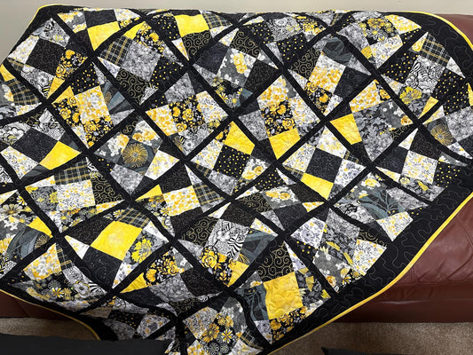 Handmade Patchwork Quilt: Black Yellow Cotton Floral Couch Throw, Coverlet (65" x 75")