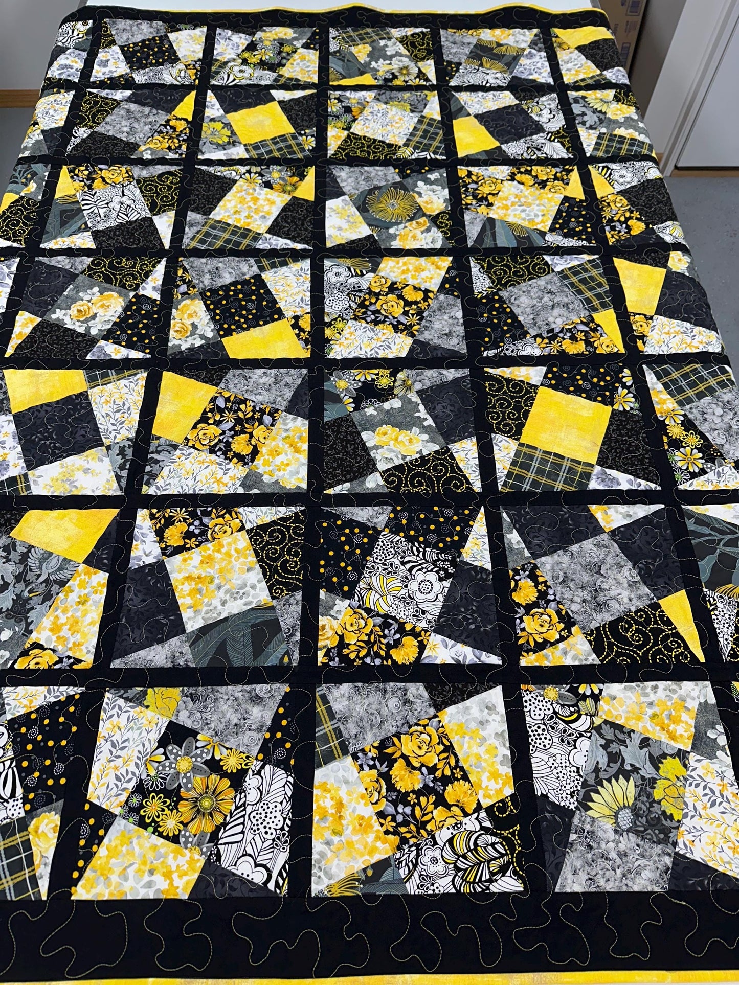 Handmade Patchwork Quilt: Black Yellow Cotton Floral Couch Throw, Coverlet (65" x 75")