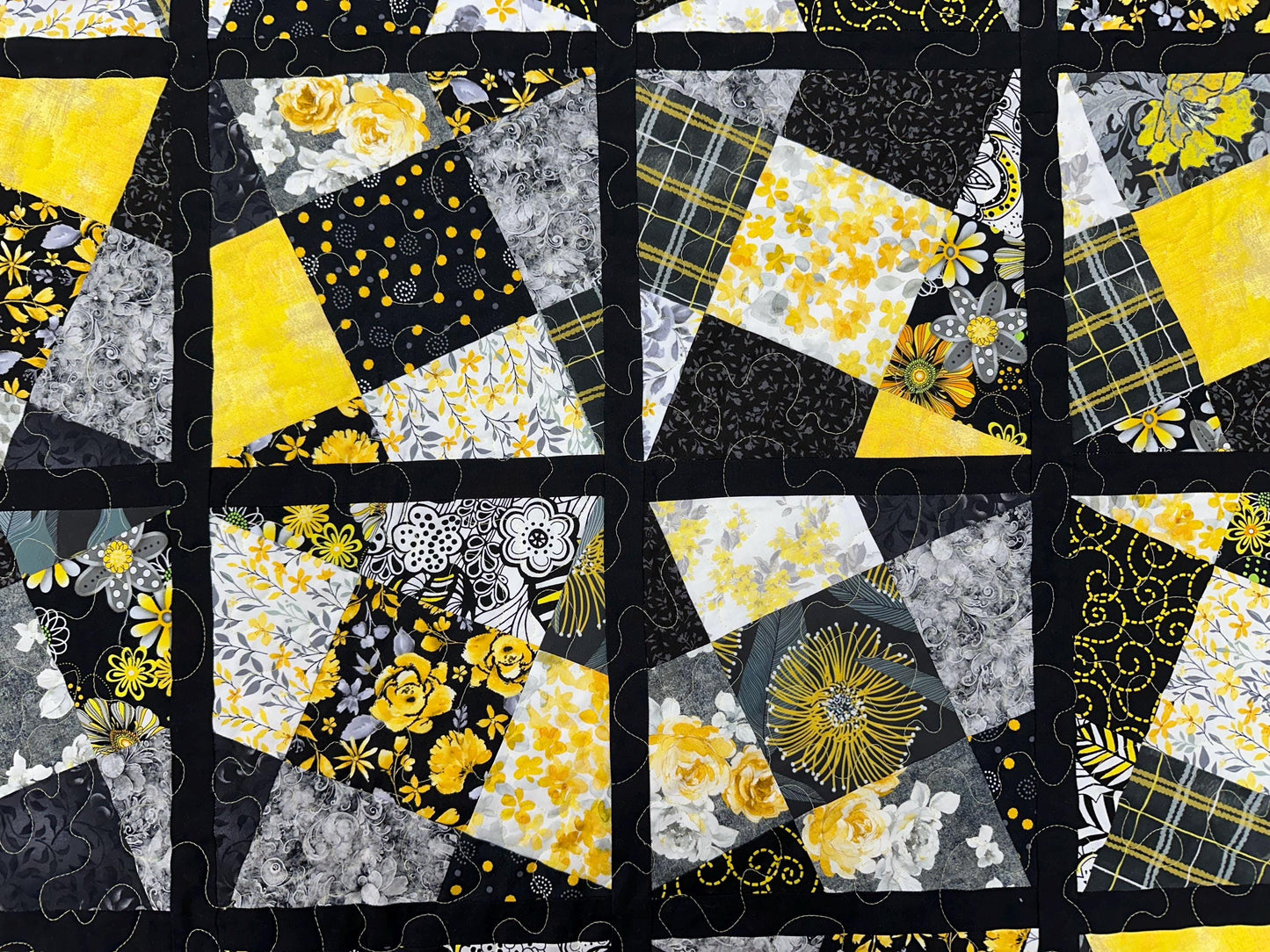 Handmade Patchwork Quilt: Black Yellow Cotton Floral Couch Throw, Coverlet (65" x 75")