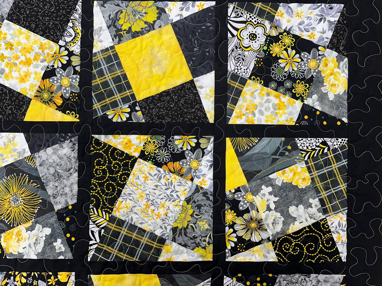 Handmade Patchwork Quilt: Black Yellow Cotton Floral Couch Throw, Coverlet (65" x 75")