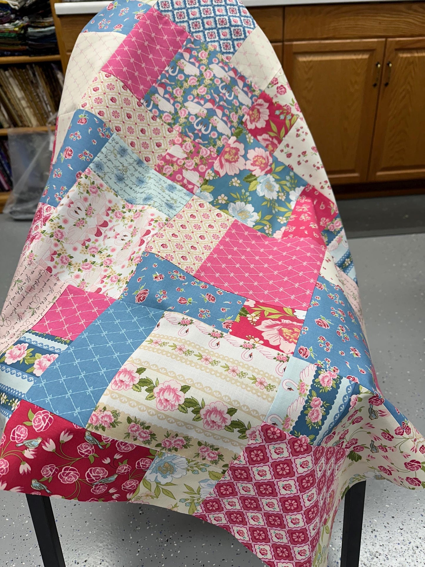 Unfinished Floral Crib Quilt Top: Handmade Cotton Lap Throw, Modern Nursery Decor 36x45