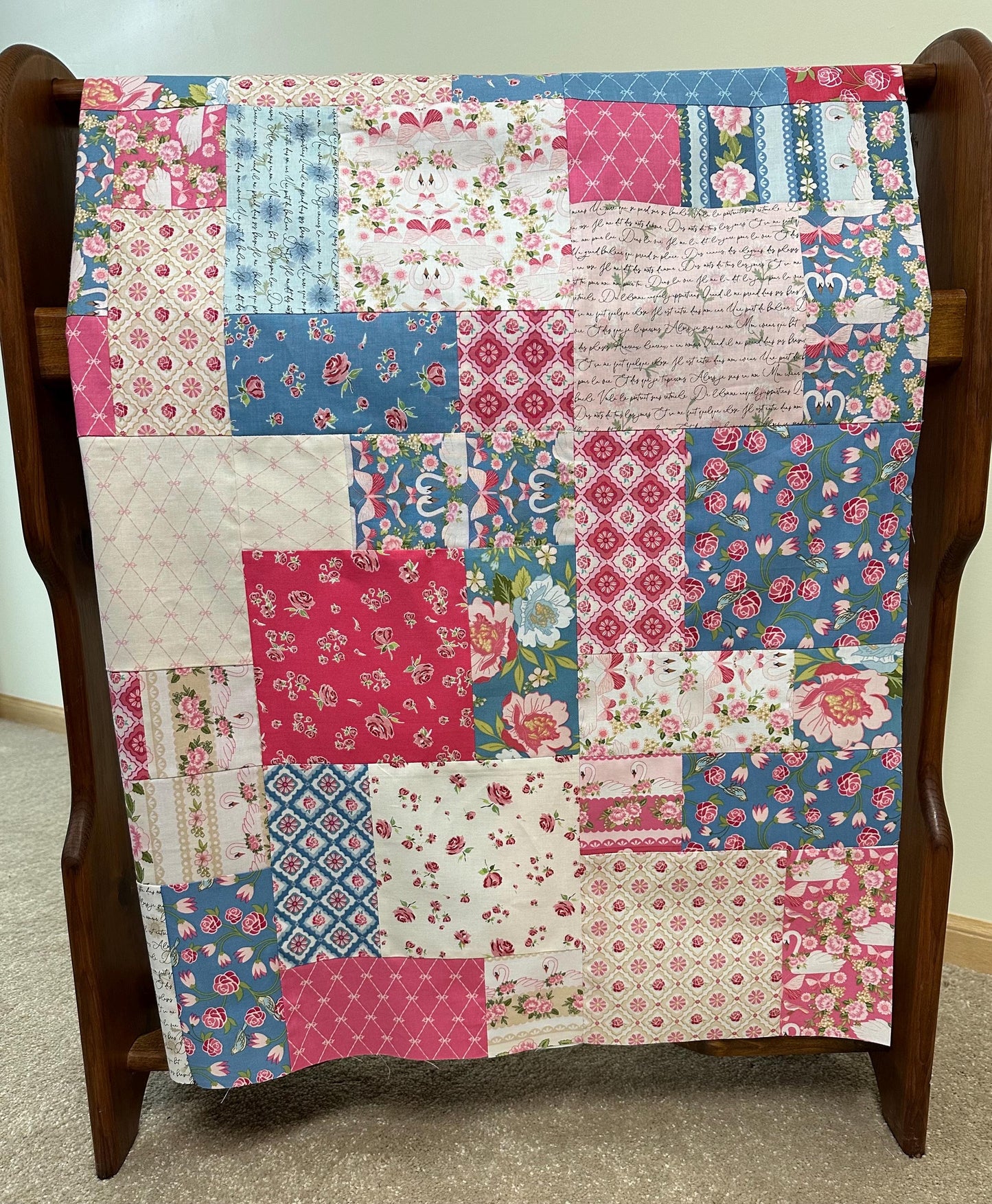 Unfinished Floral Crib Quilt Top: Handmade Cotton Lap Throw, Modern Nursery Decor 36x45