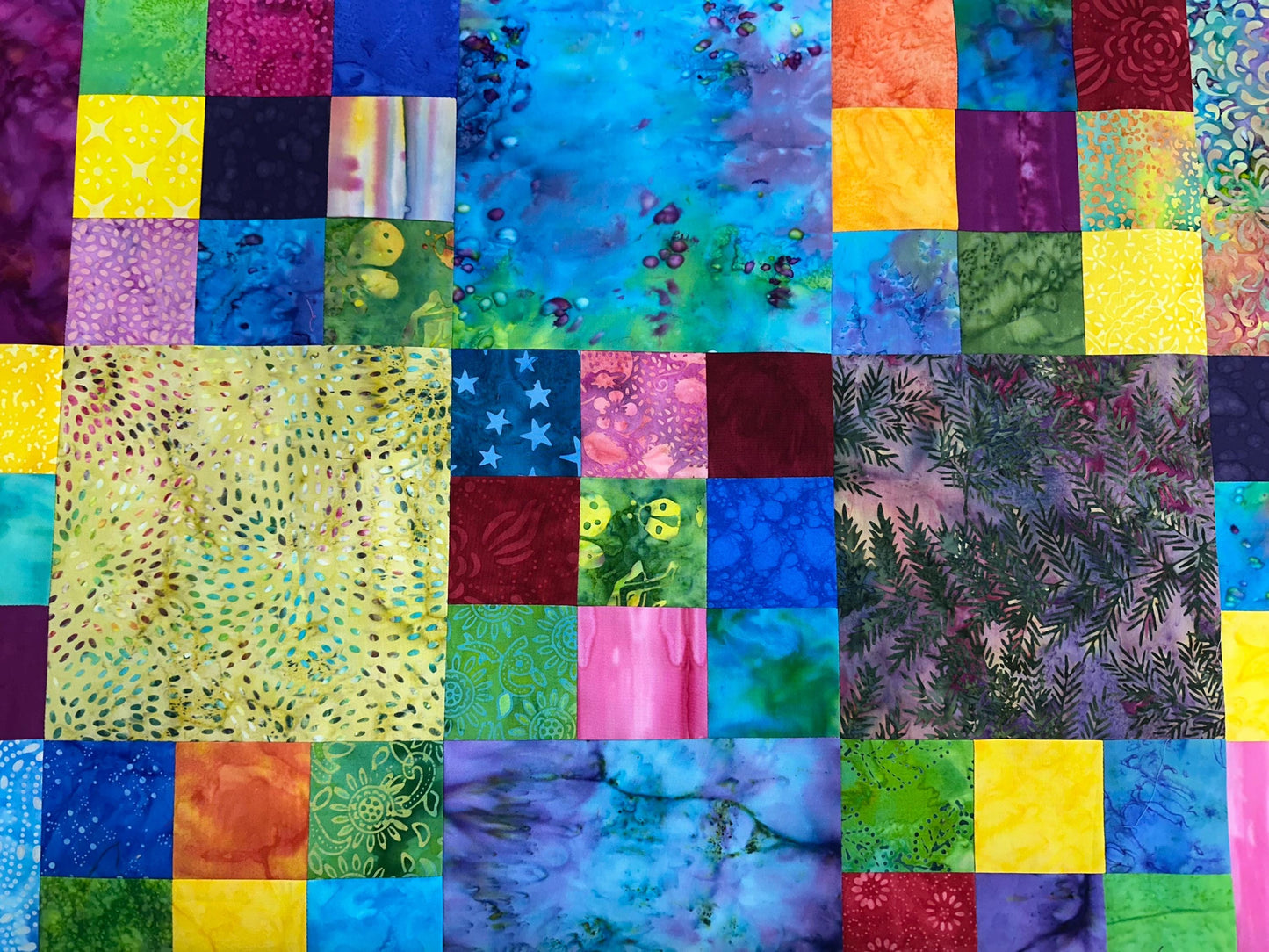 Handmade Batik King Queen Size Unfinished Quilt Top 98x90 Patchwork Floral Blanket Modern Bed