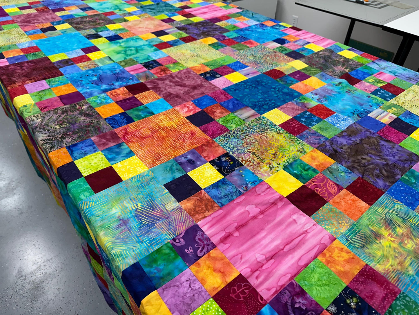 Handmade Batik King Queen Size Unfinished Quilt Top 98x90 Patchwork Floral Blanket Modern Bed