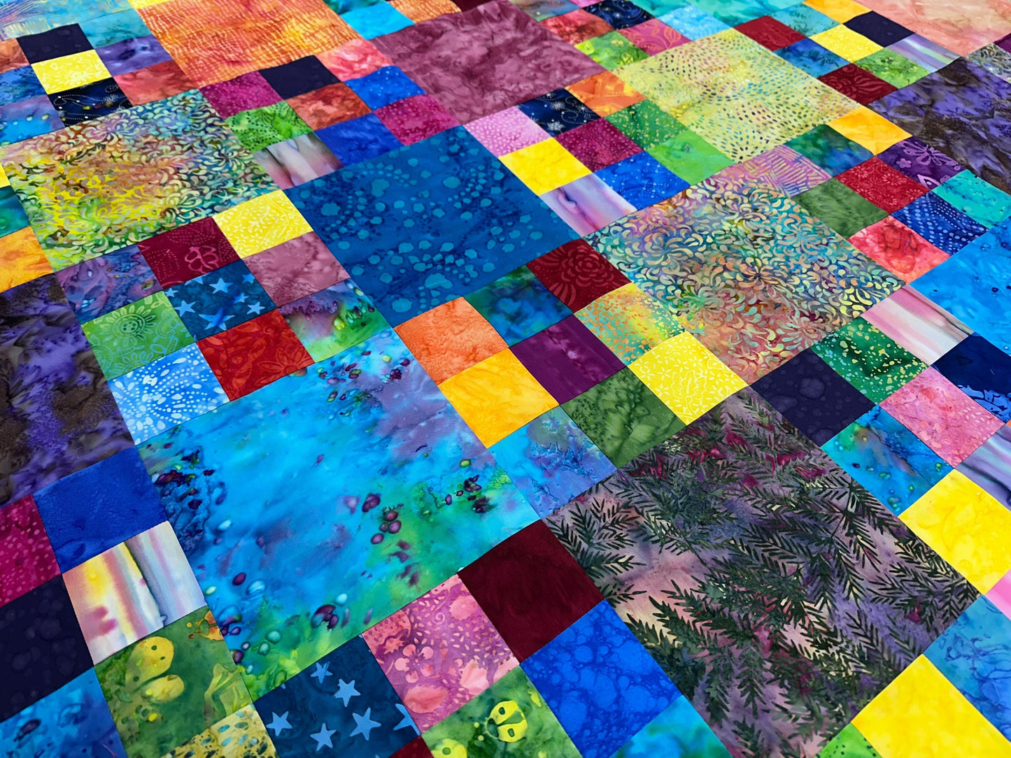 Handmade Batik King Queen Size Unfinished Quilt Top 98x90 Patchwork Floral Blanket Modern Bed