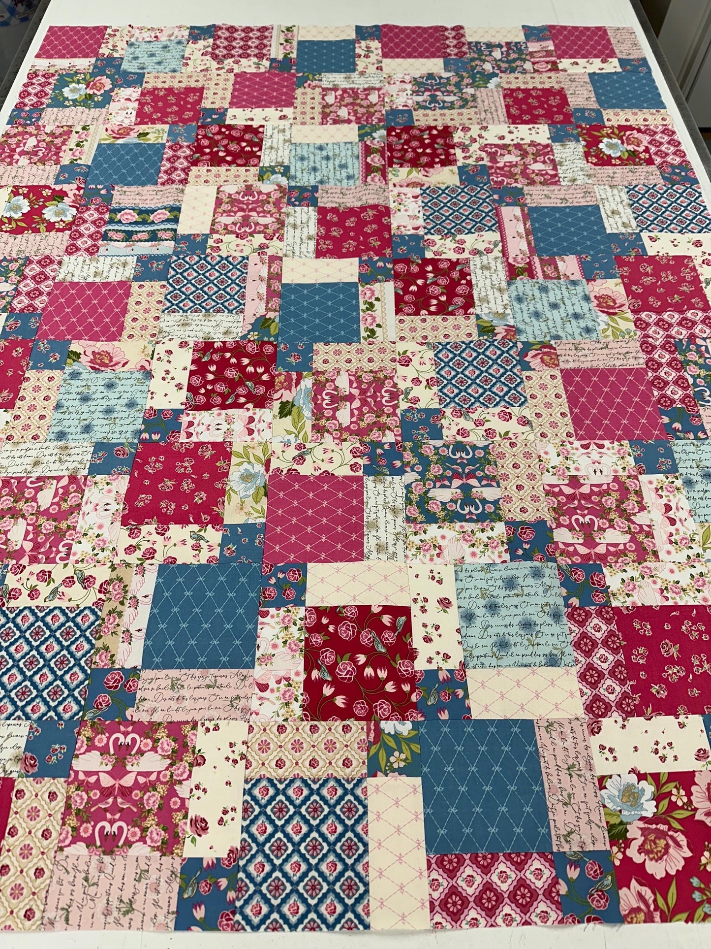 Handmade Pink and Blue Floral Unfinished Quilt Top: Lap Quilt (45" x 58")