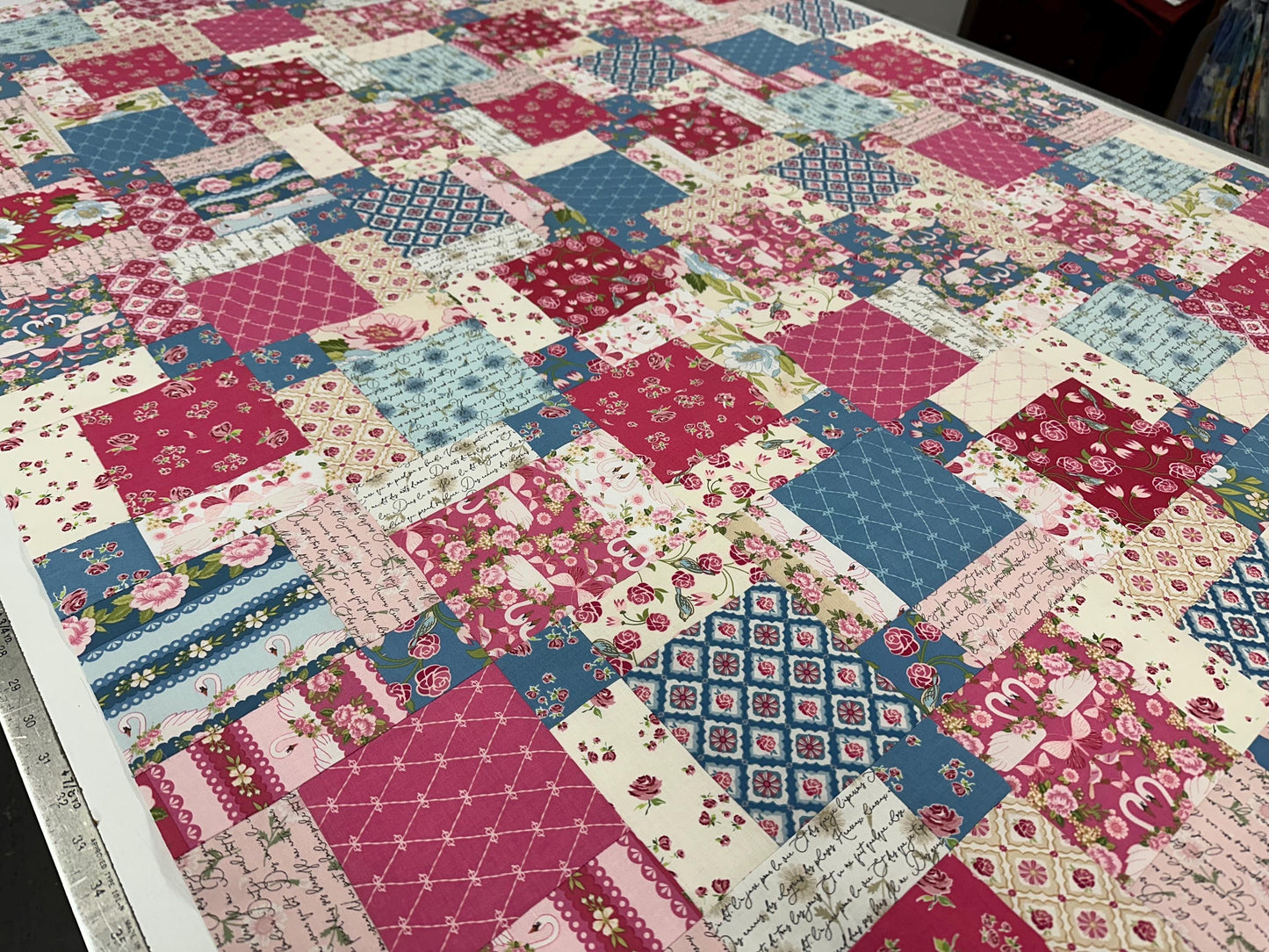 Handmade Pink and Blue Floral Unfinished Quilt Top: Lap Quilt (45" x 58")