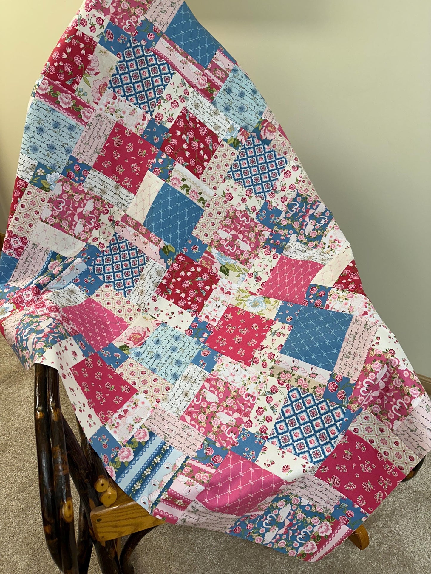 Handmade Pink and Blue Floral Unfinished Quilt Top: Lap Quilt (45" x 58")