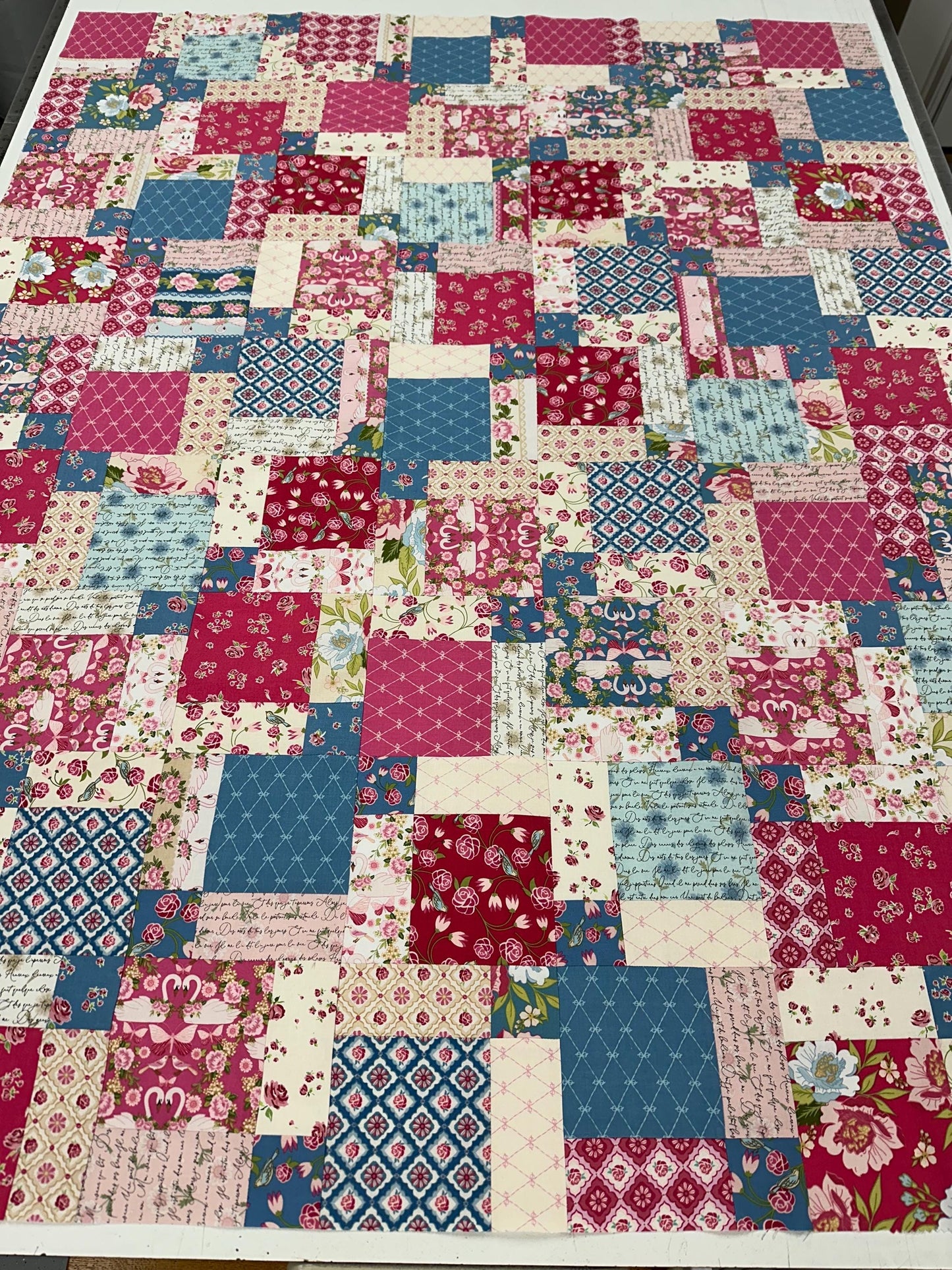Handmade Pink and Blue Floral Unfinished Quilt Top: Lap Quilt (45" x 58")