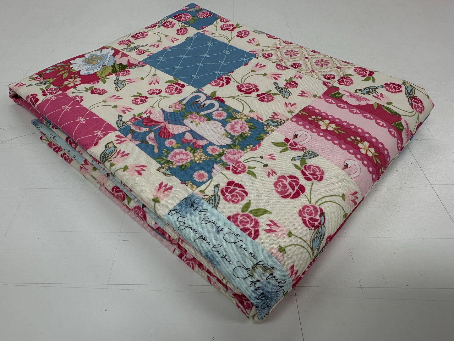 Handmade Pink and Blue Floral Unfinished Quilt Top: Lap Quilt (42" x 51")