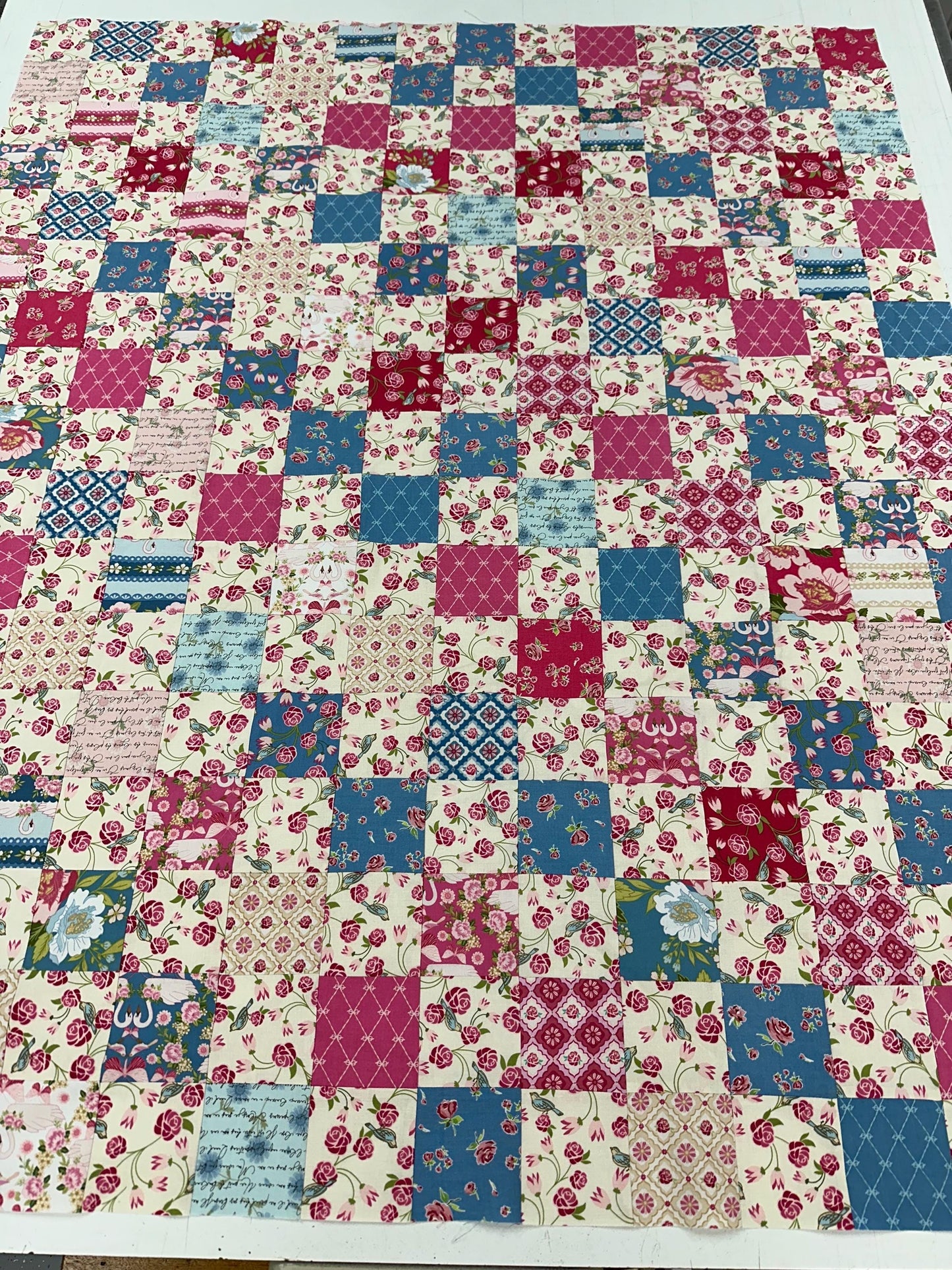 Handmade Pink and Blue Floral Unfinished Quilt Top: Lap Quilt (42" x 51")