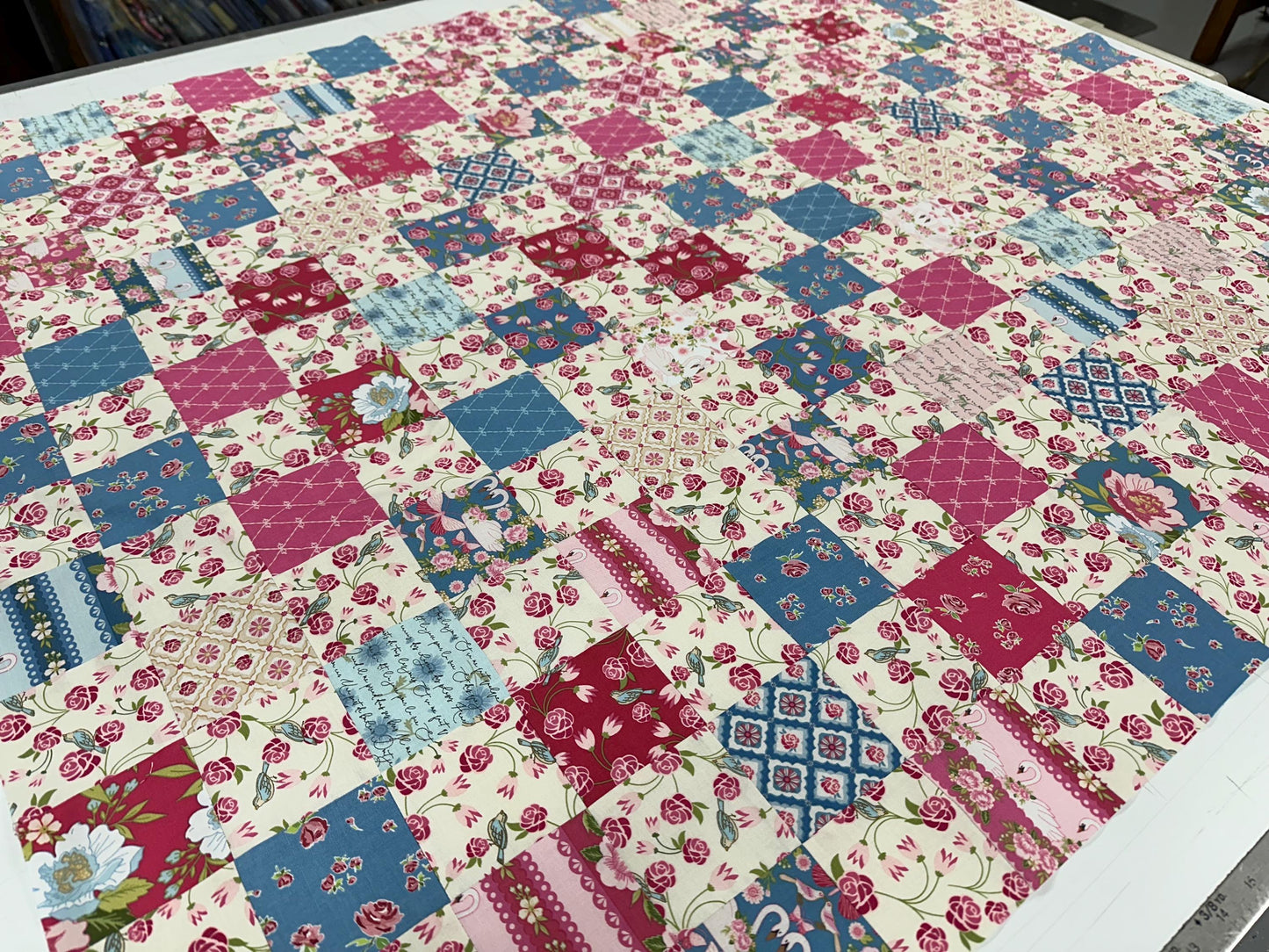 Handmade Pink and Blue Floral Unfinished Quilt Top: Lap Quilt (42" x 51")