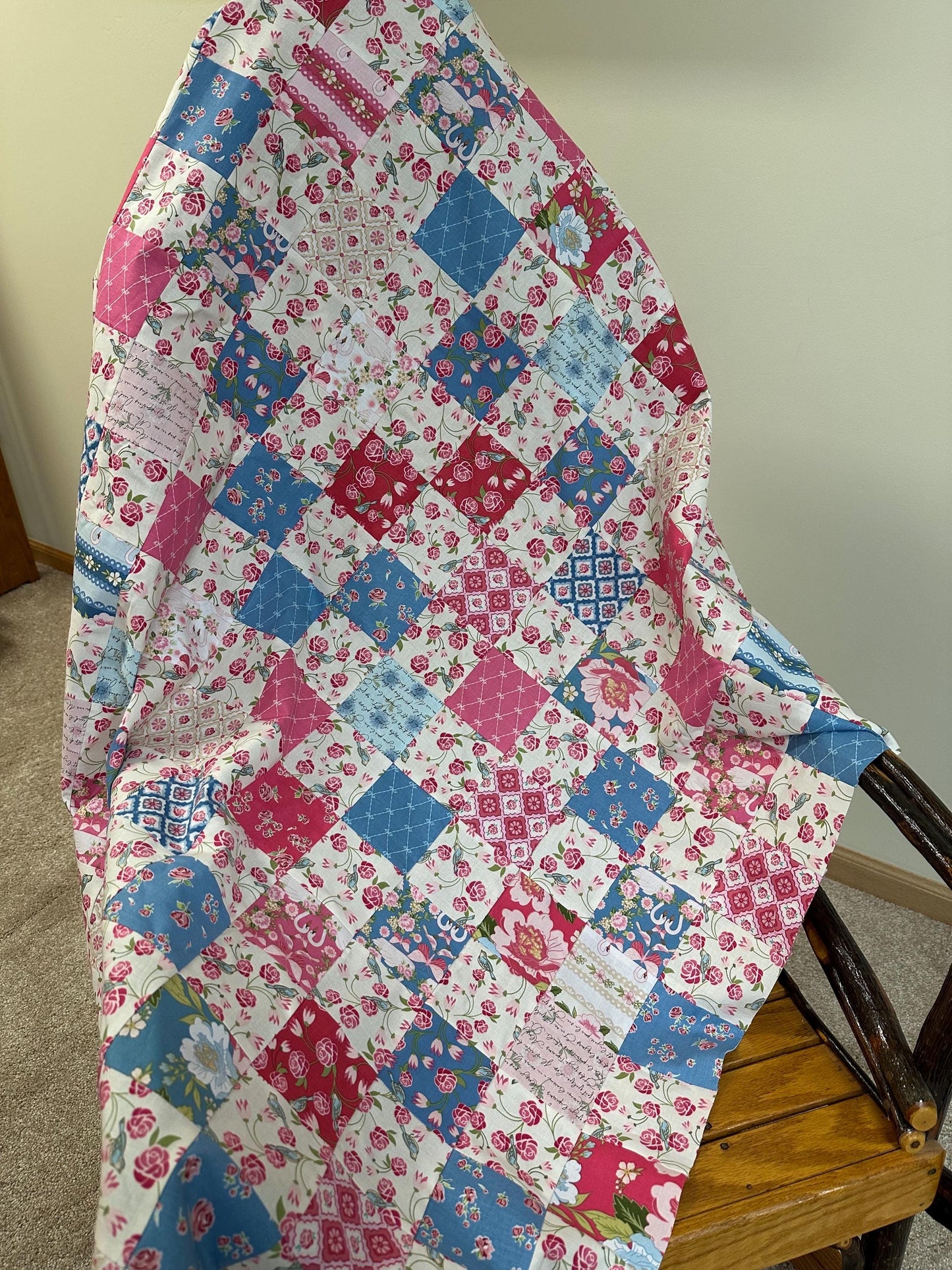 Handmade Pink and Blue Floral Unfinished Quilt Top: Lap Quilt (42" x 51")