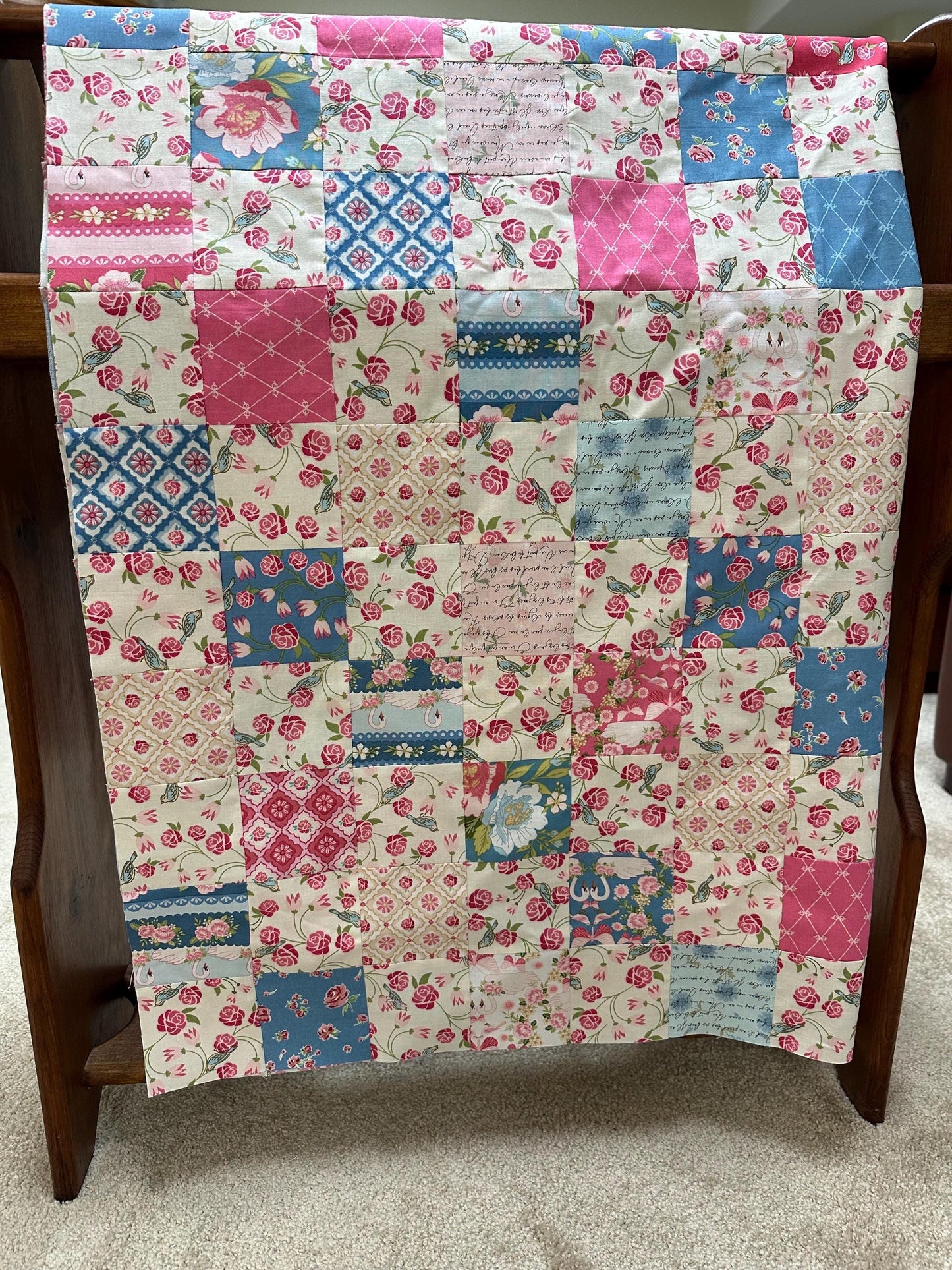 Handmade Pink and Blue Floral Unfinished Quilt Top: Lap Quilt (42" x 51")