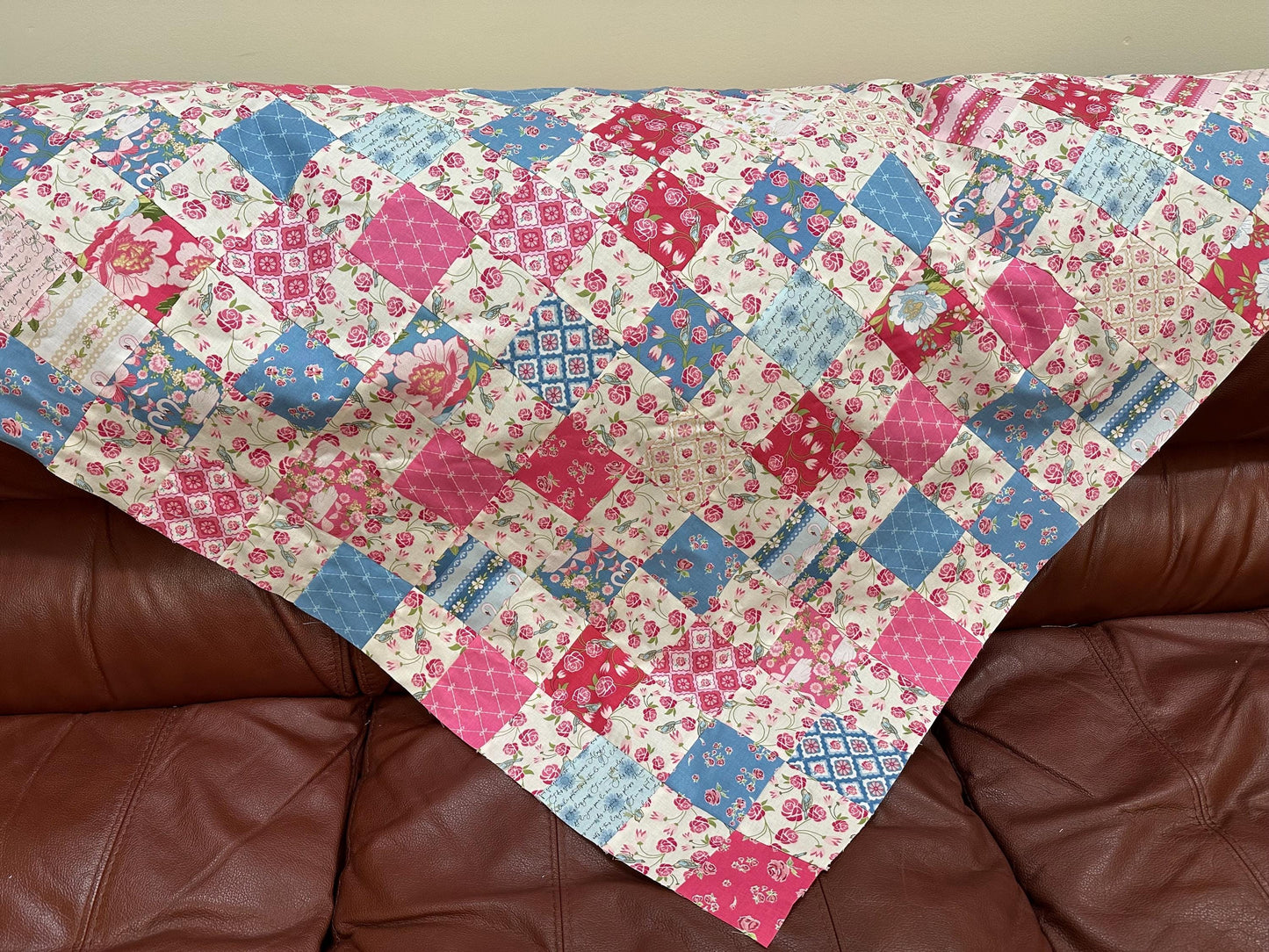 Handmade Pink and Blue Floral Unfinished Quilt Top: Lap Quilt (42" x 51")