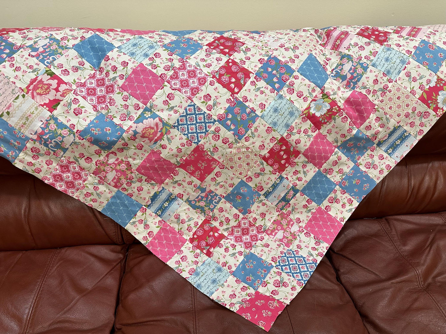 Handmade Pink and Blue Floral Unfinished Quilt Top: Lap Quilt (42" x 51")