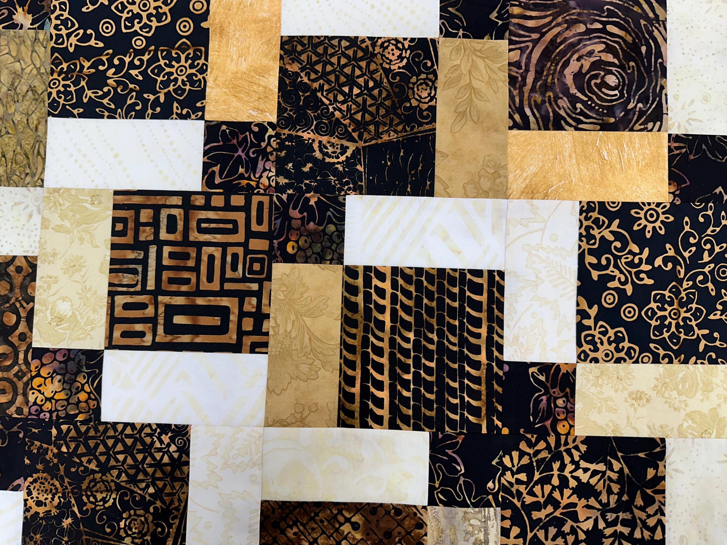Unfinished Batik Quilt Top, Black Brown Gold, 45" x 58" Lap Throw