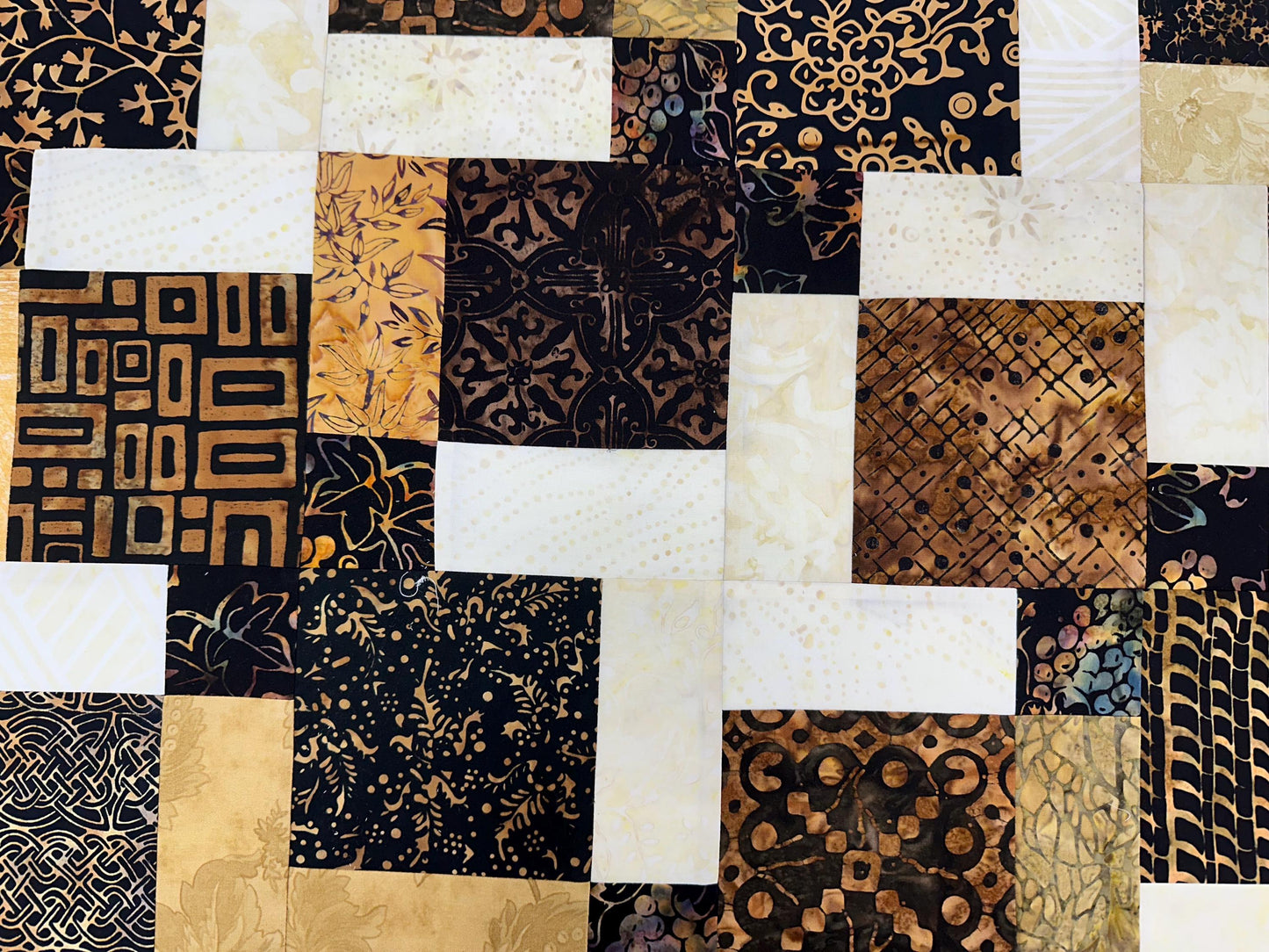 Unfinished Batik Quilt Top, Black Brown Gold, 45" x 58" Lap Throw