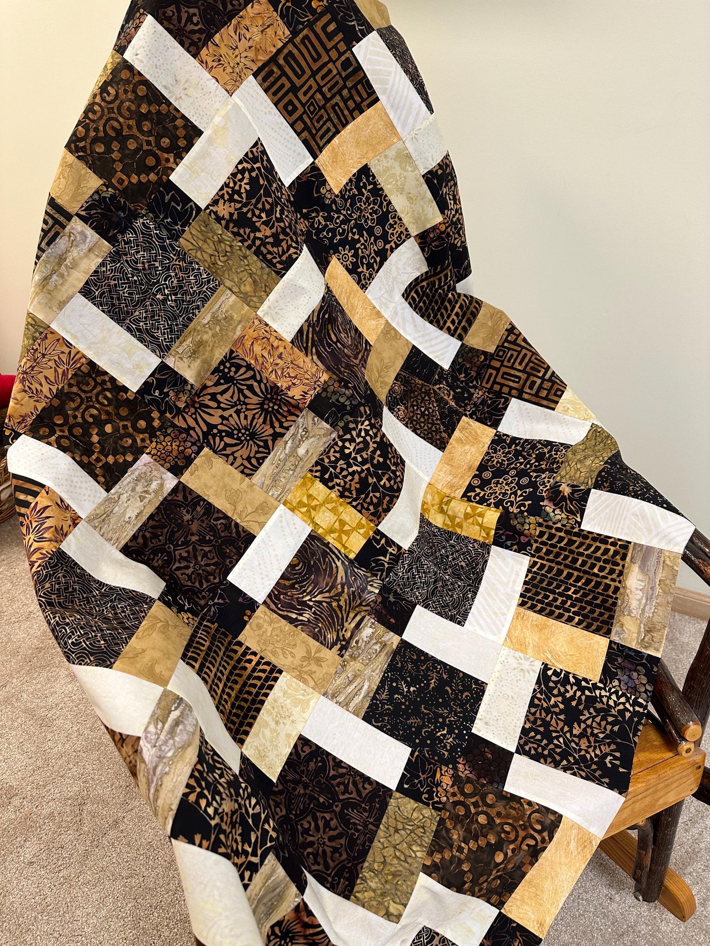 Unfinished Batik Quilt Top, Black Brown Gold, 45" x 58" Lap Throw