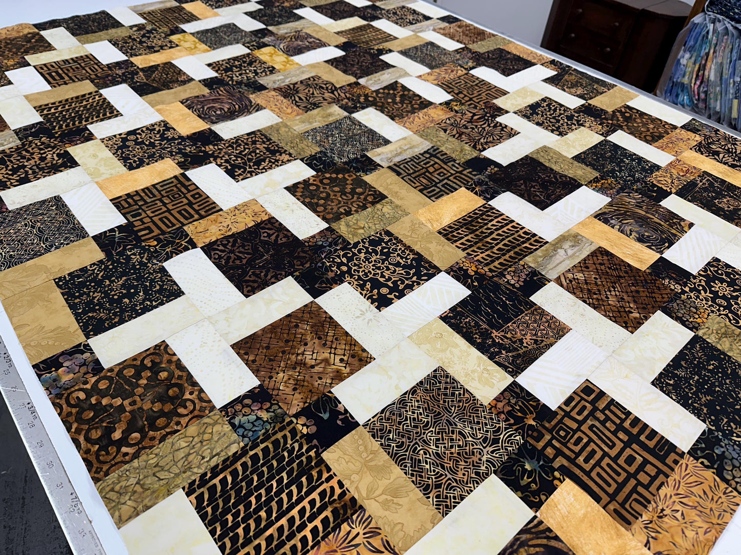 Unfinished Batik Quilt Top, Black Brown Gold, 45" x 58" Lap Throw