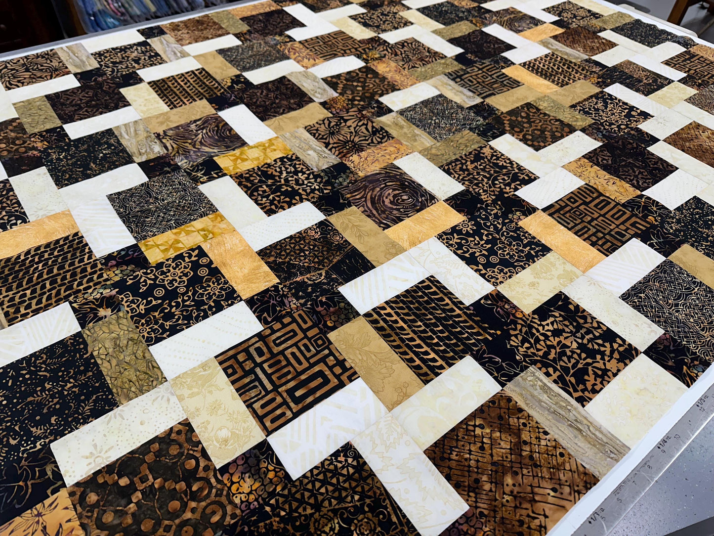 Unfinished Batik Quilt Top, Black Brown Gold, 45" x 58" Lap Throw