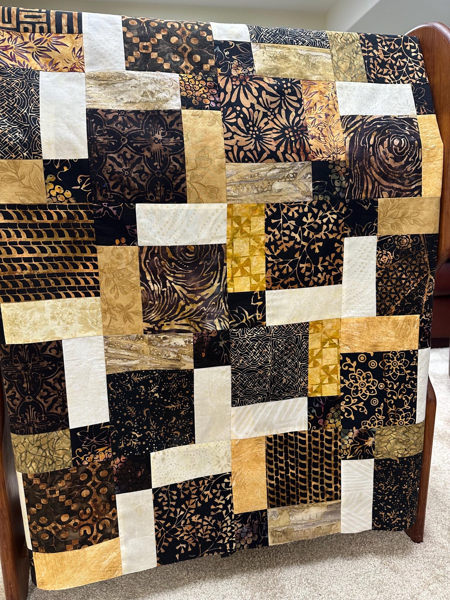 Unfinished Batik Quilt Top, Black Brown Gold, 45" x 58" Lap Throw