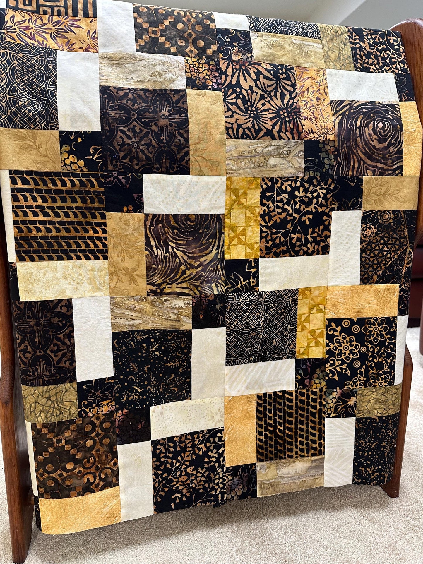 Unfinished Batik Quilt Top, Black Brown Gold, 45" x 58" Lap Throw
