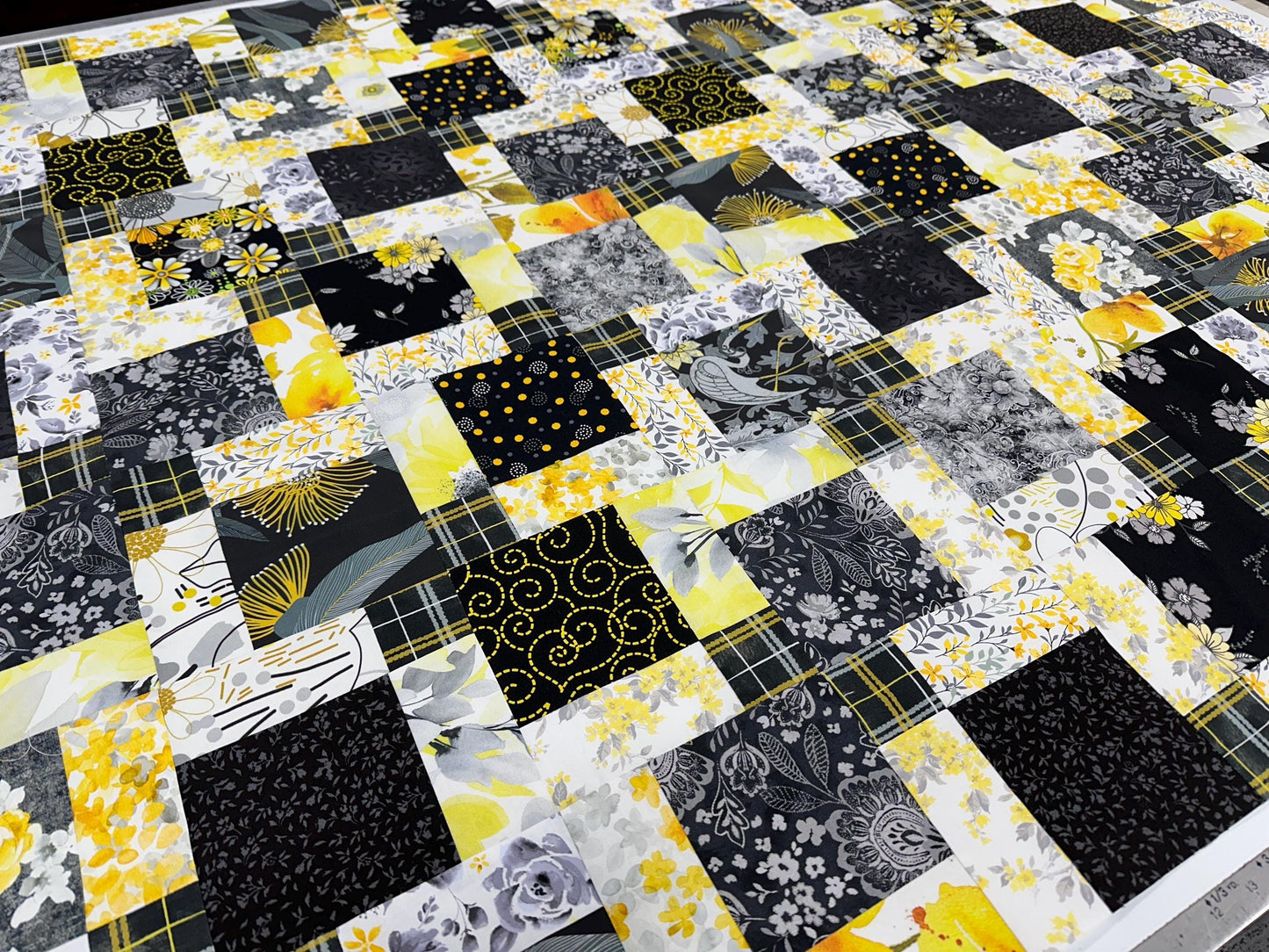 Handmade Black Gray Yellow Floral Quilt Top: Lap Quilt (45" x 58")